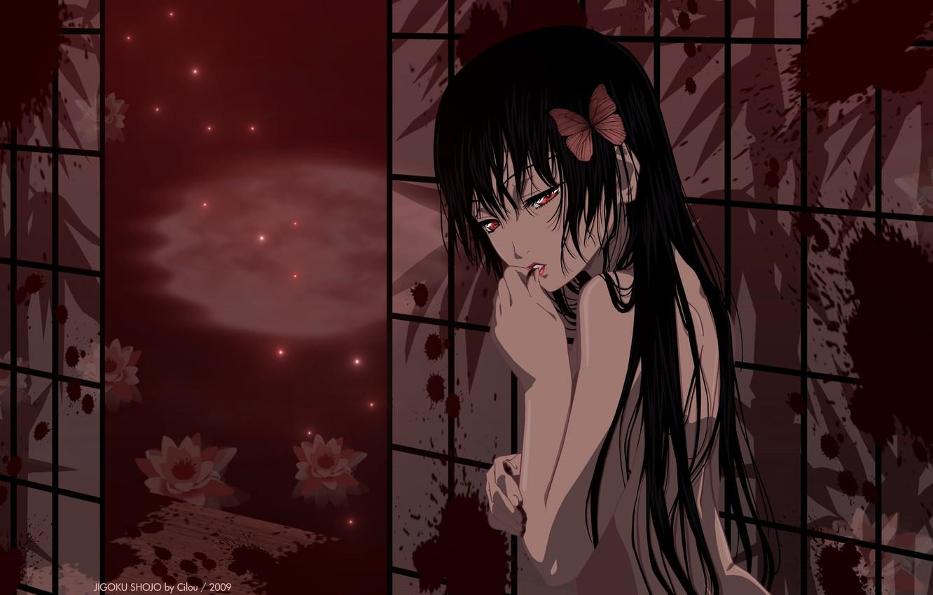 1332x850 Wallpaper night, loneliness, blood, spot, red eyes, black hair, madness, Enma Ai, Jigoku Shoujo, Hell girl, hell girl, by Cilou image for desktop, section сёнэн