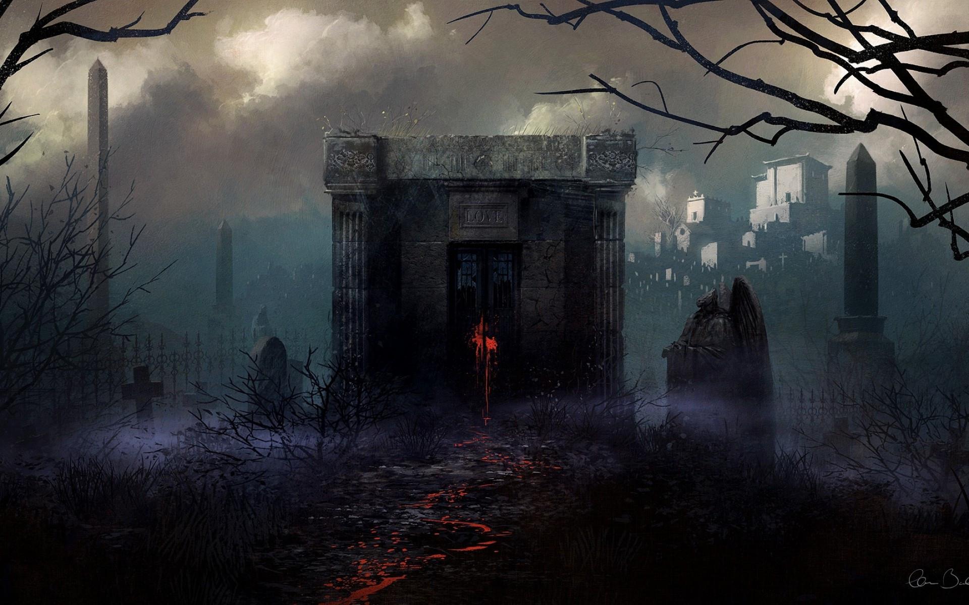 1920x1200 Download 1920x1200 Graveyard, Gothic, Fantasy World, Painting, Horror, Dark Theme, Fog Wallpaper for MacBook Pro 17 inch
