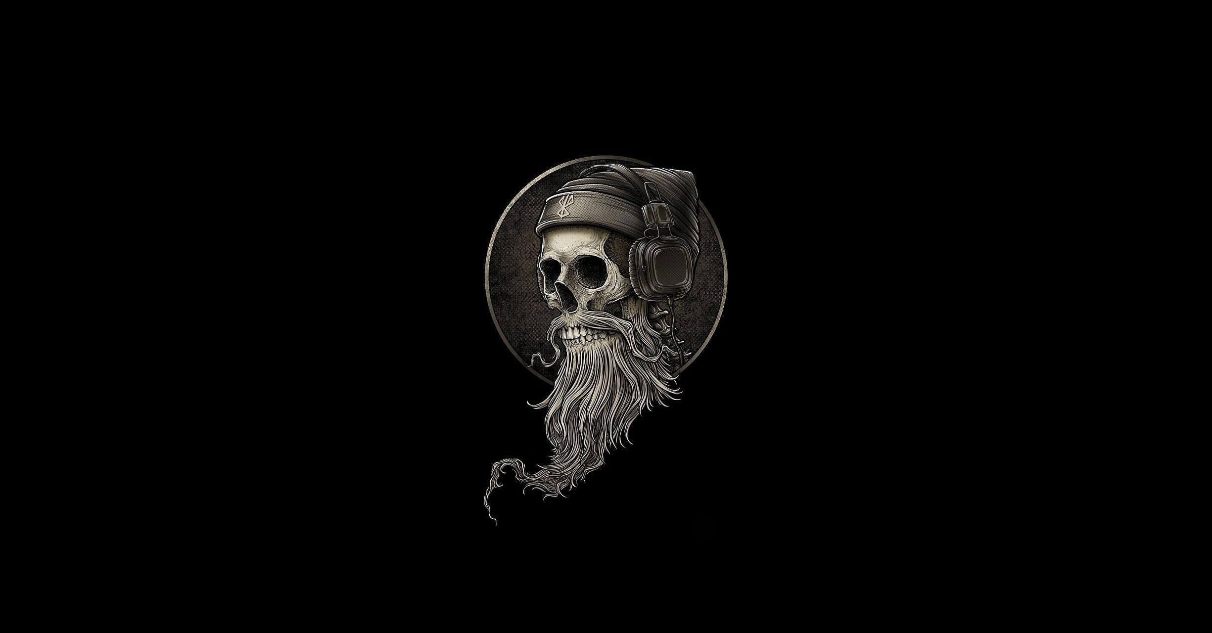 2450x1280 Wallpaper Headphones, Skull, Beard, Monochrome, Artwork • Wallpaper For You HD Wallpaper For Desktop & Mobile