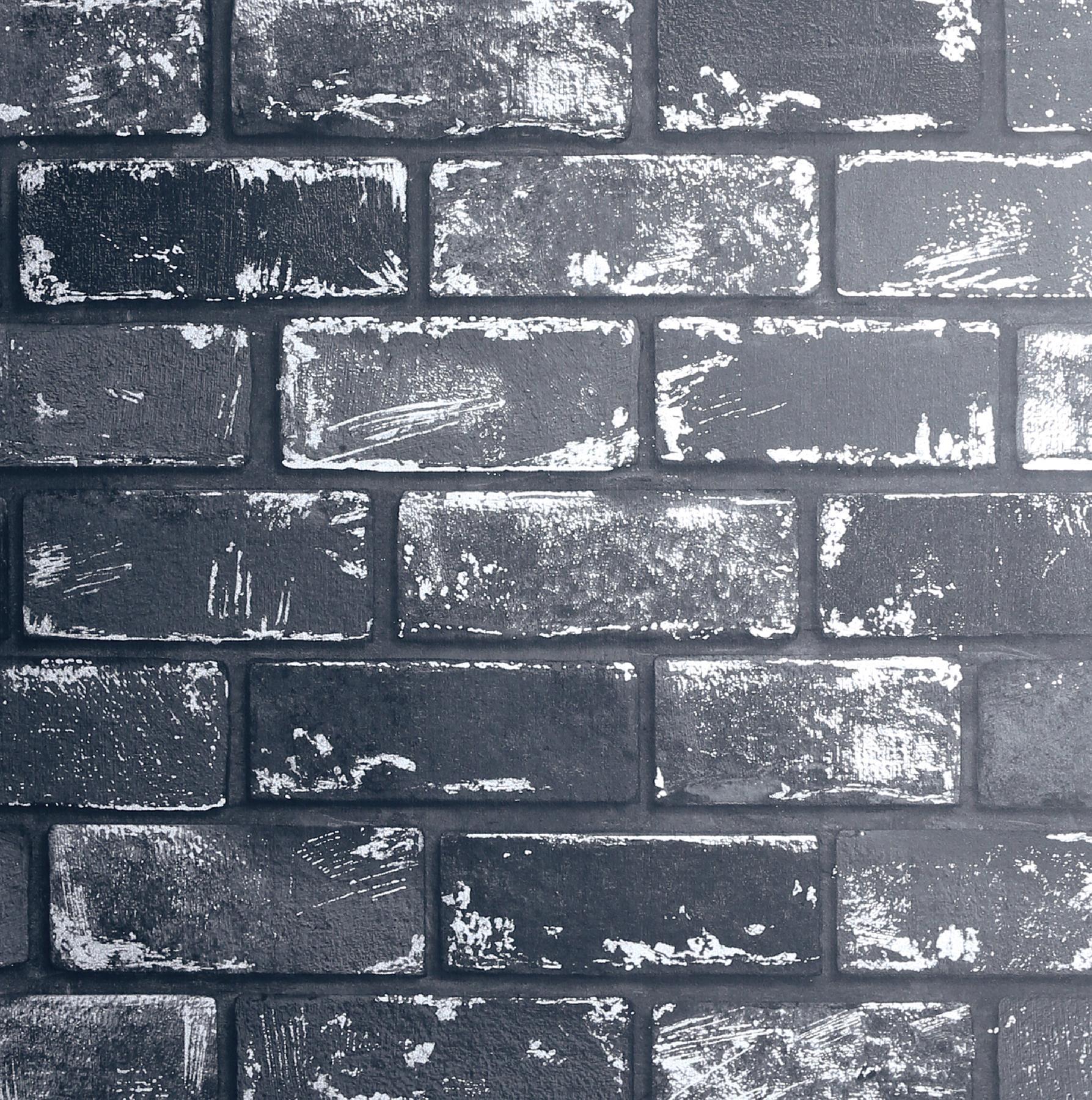 1787x1800 3D Effect Metallic Brick Wallpaper Black Silver Grey Stone Industrial Arthouse