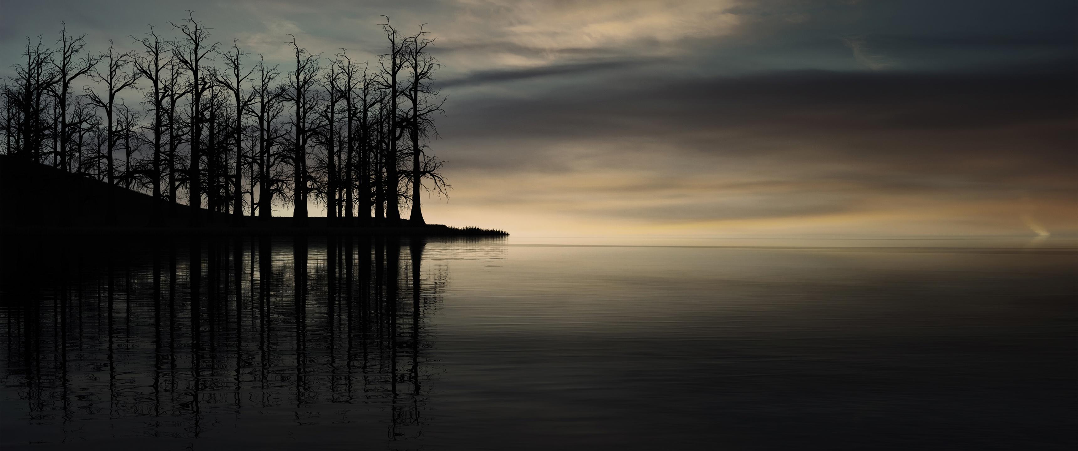 3440x1440 Sunset Wallpaper 4K, Dry trees, Silhouette, Dusk, Lake, Nature