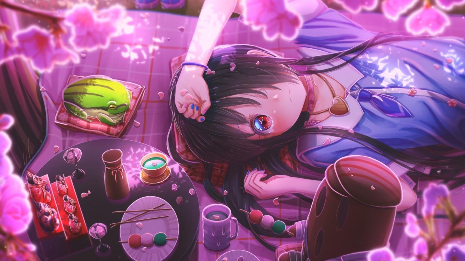 1600x900 Download 1600x900 Anime Girl, Lying Down, Frog, Short Hair Wallpaper
