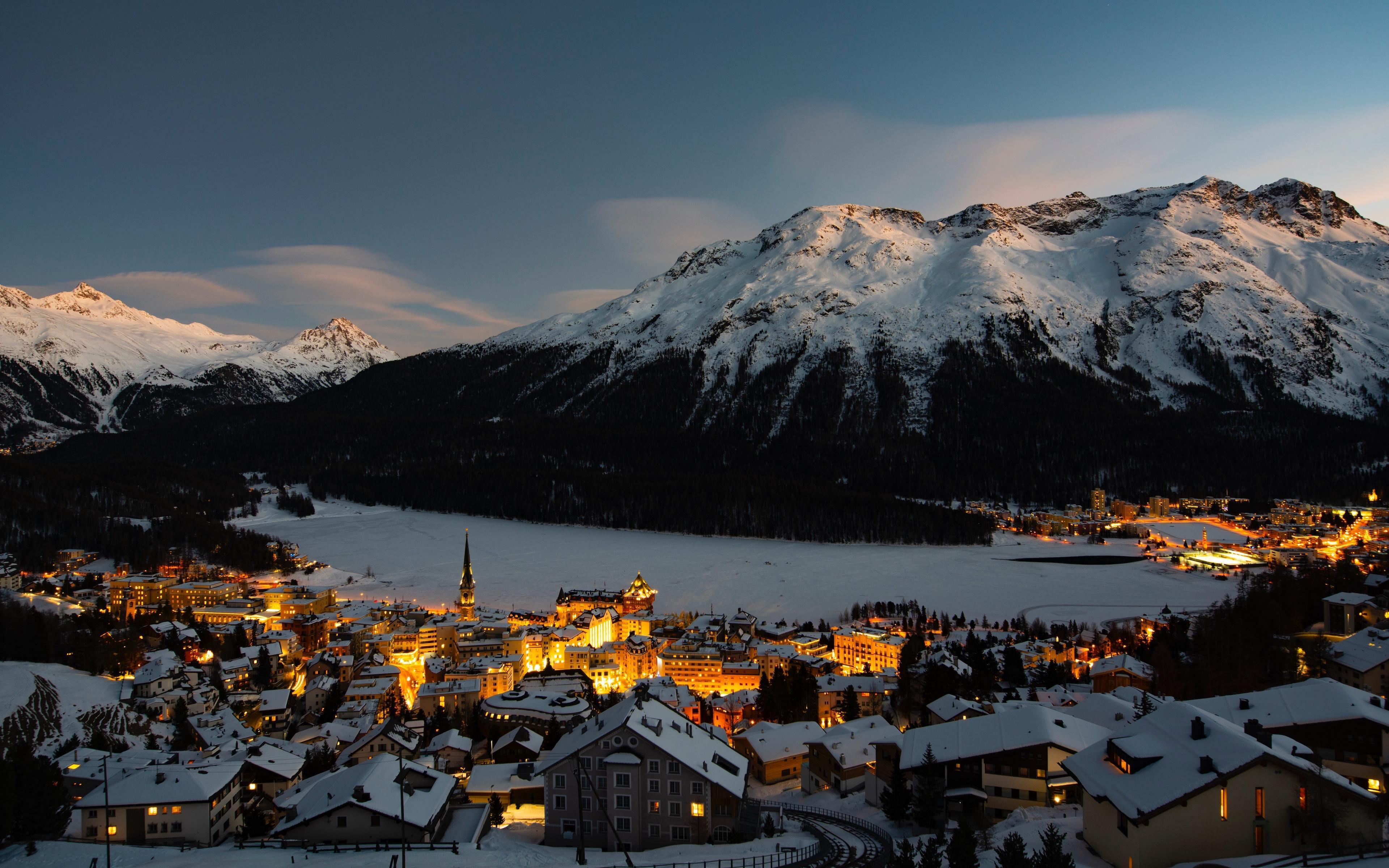 3840x2400 Winter Village Mountains Wallpaper