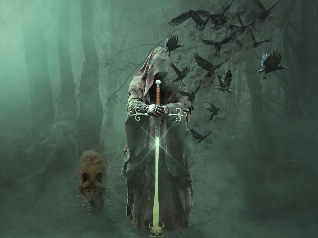 1024x768 Desktop wallpaper magician, warrior with sword, fantasy, wolf, mystical, art, HD image, picture, background, 76cb29