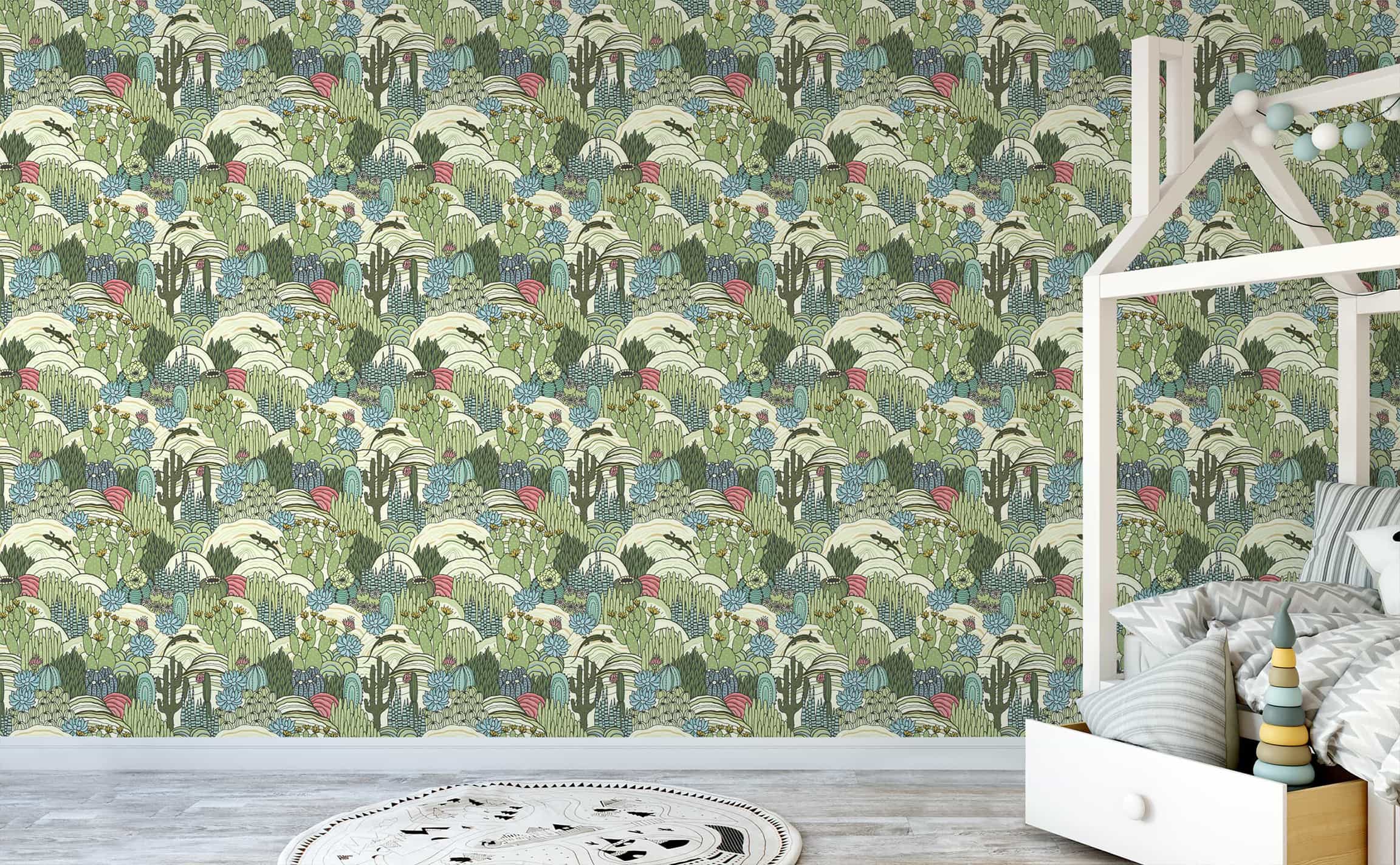 2304x1424 Playful cactus desert landscape illustrated seamless Wallpaper for Walls