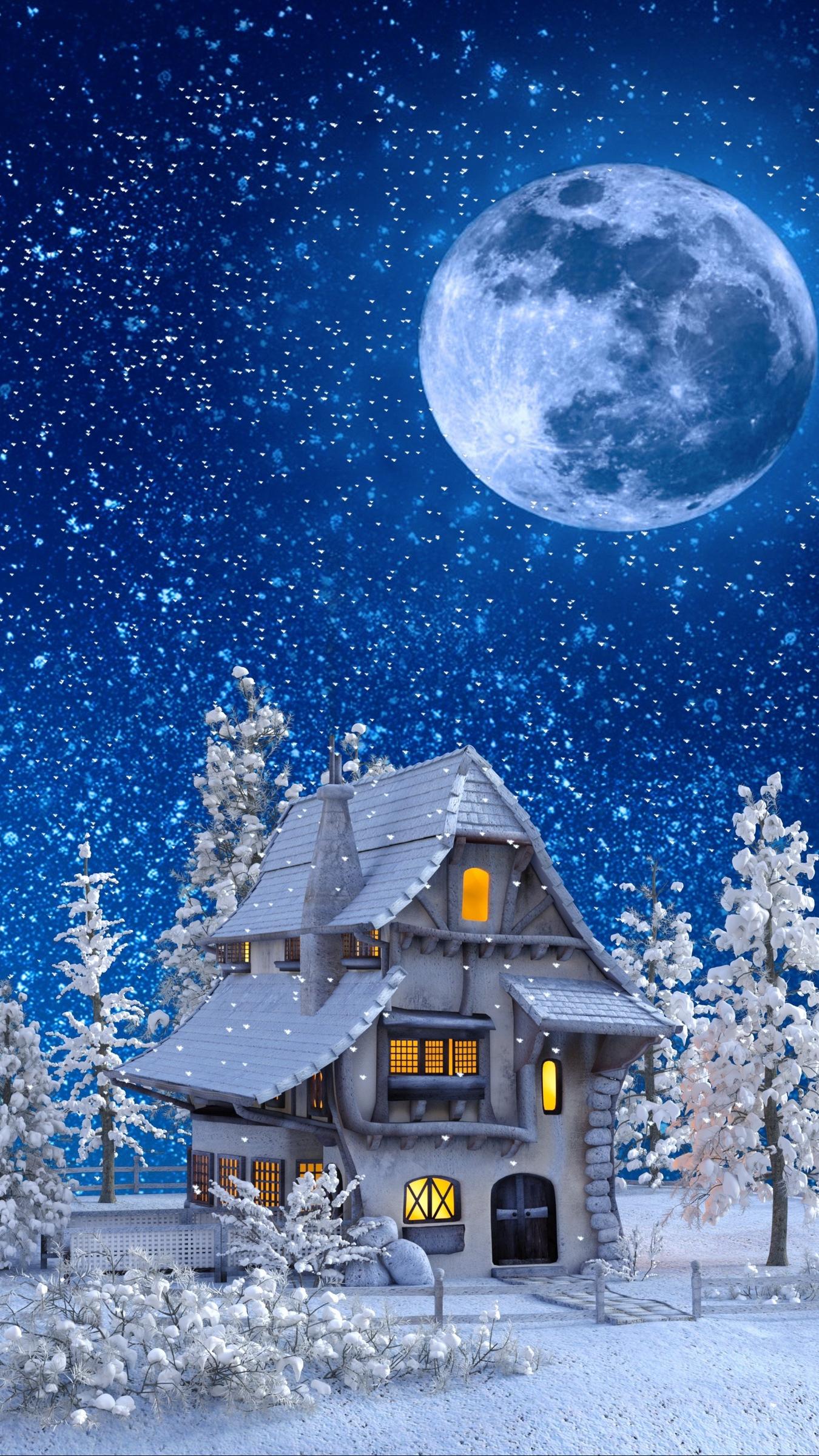 1350x2400 Winter Moonlight Wallpaper