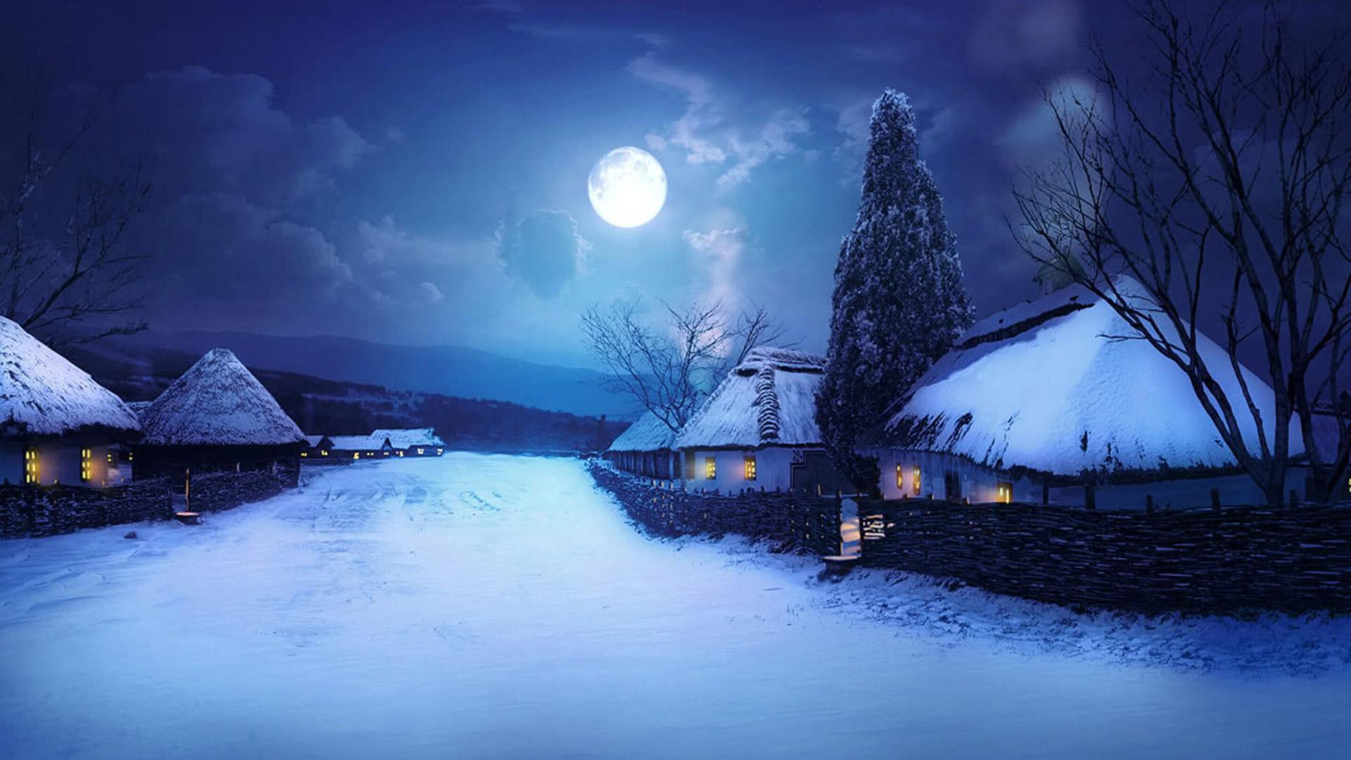 1920x1080 Full Moon Night in Winter Village HD Wallpaper