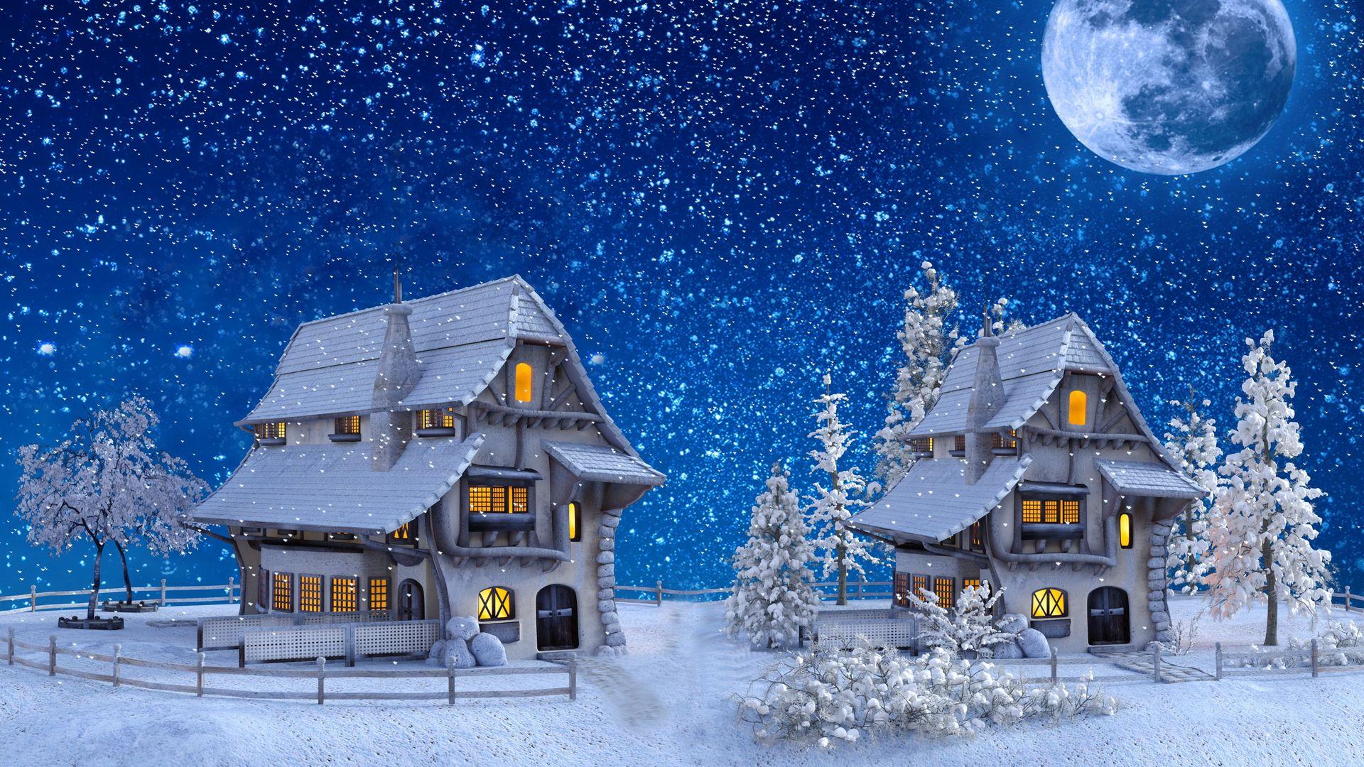 1920x1080 Download wallpaper 1920x1080 houses, winter, snow, moon, toy full hd, hdtv, fhd, 1080p HD background