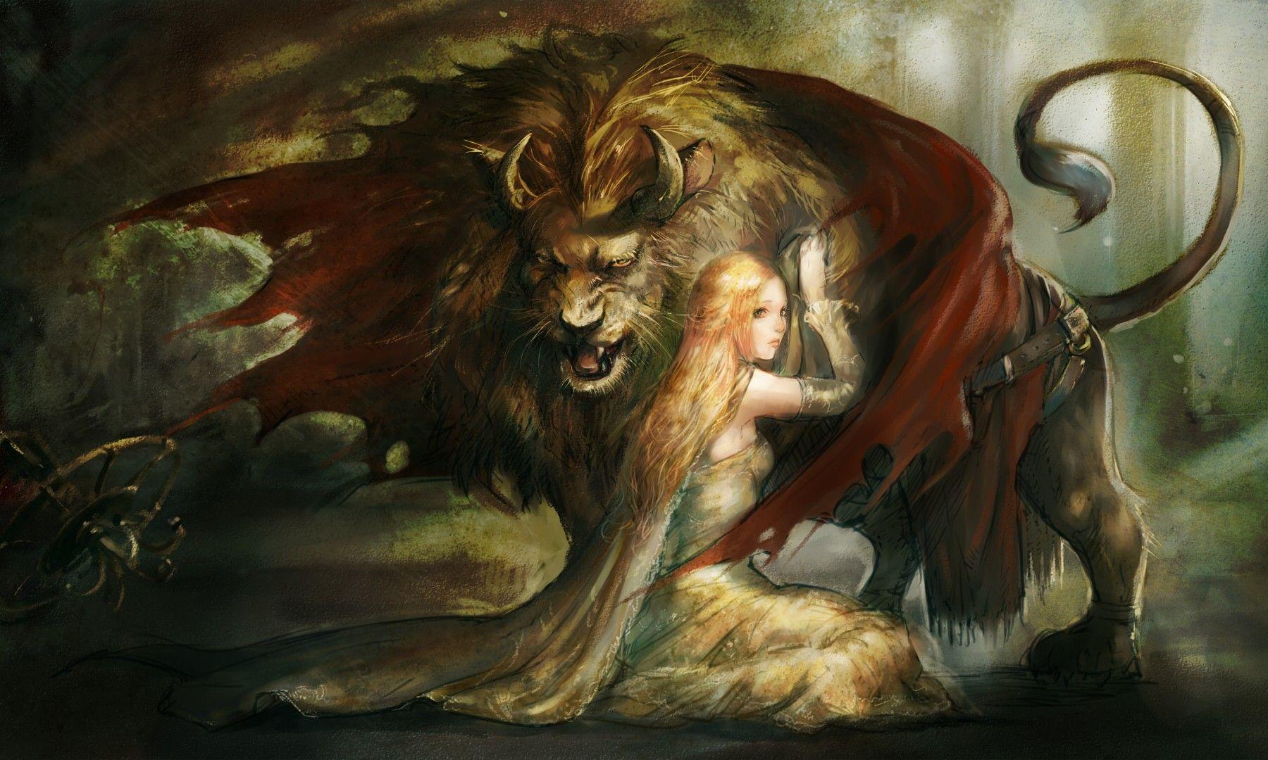 1800x1080 artwork, mythical, Beauty And The Beast, lions wallpaper
