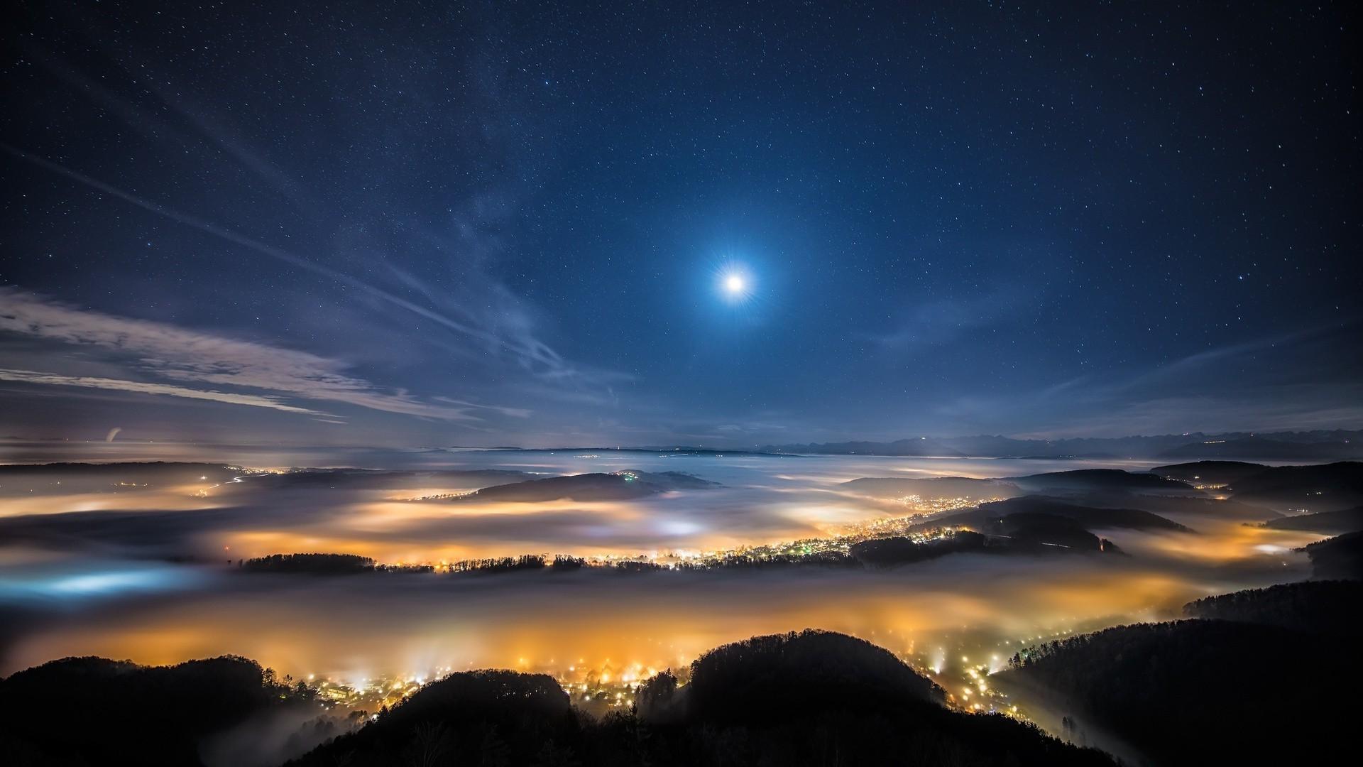 1920x1080 Mountains, city, clouds