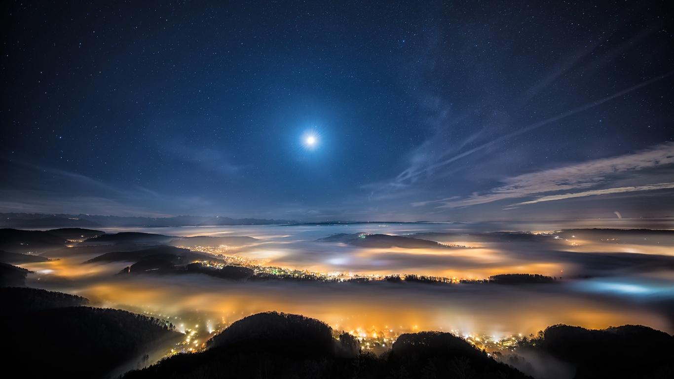 1366x768 Switzerland, Zurich, Uetliberg Mountain, City Night, Moon, Lights, Blue 750x1334 IPhone 8 7 6 6S Wallpaper, Background, Picture, Image
