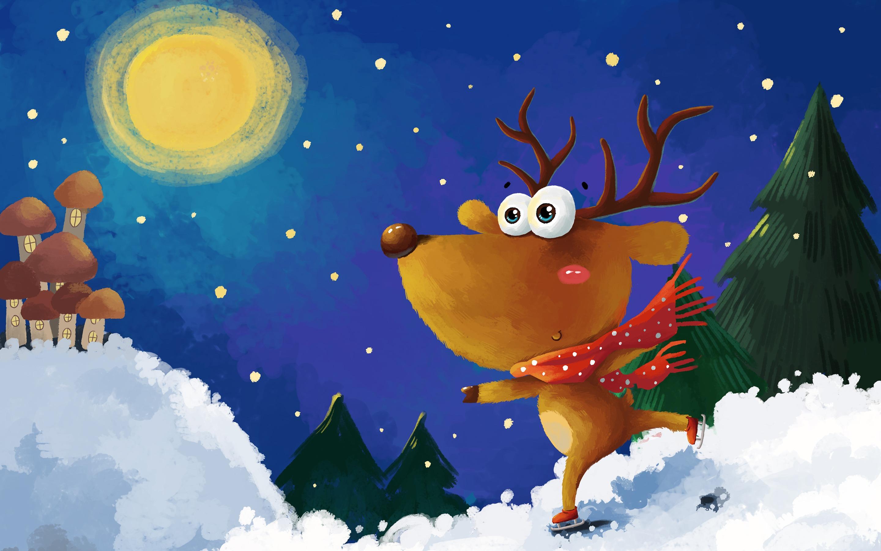 2880x1800 Cartoon Reindeer Merry Christmas Holiday Night