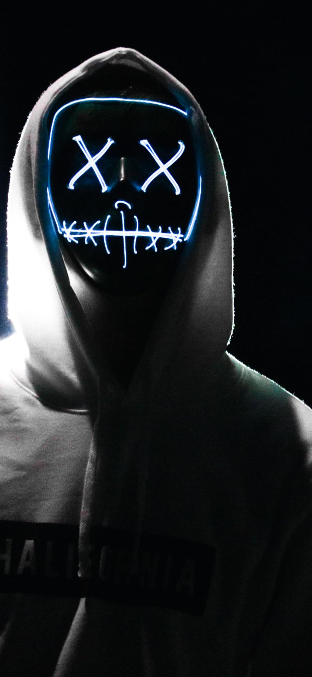 1080x2340 Man Wallpaper 4K, LED mask, Dope, Night, Anonymous, Hoodie, AMOLED, Photography