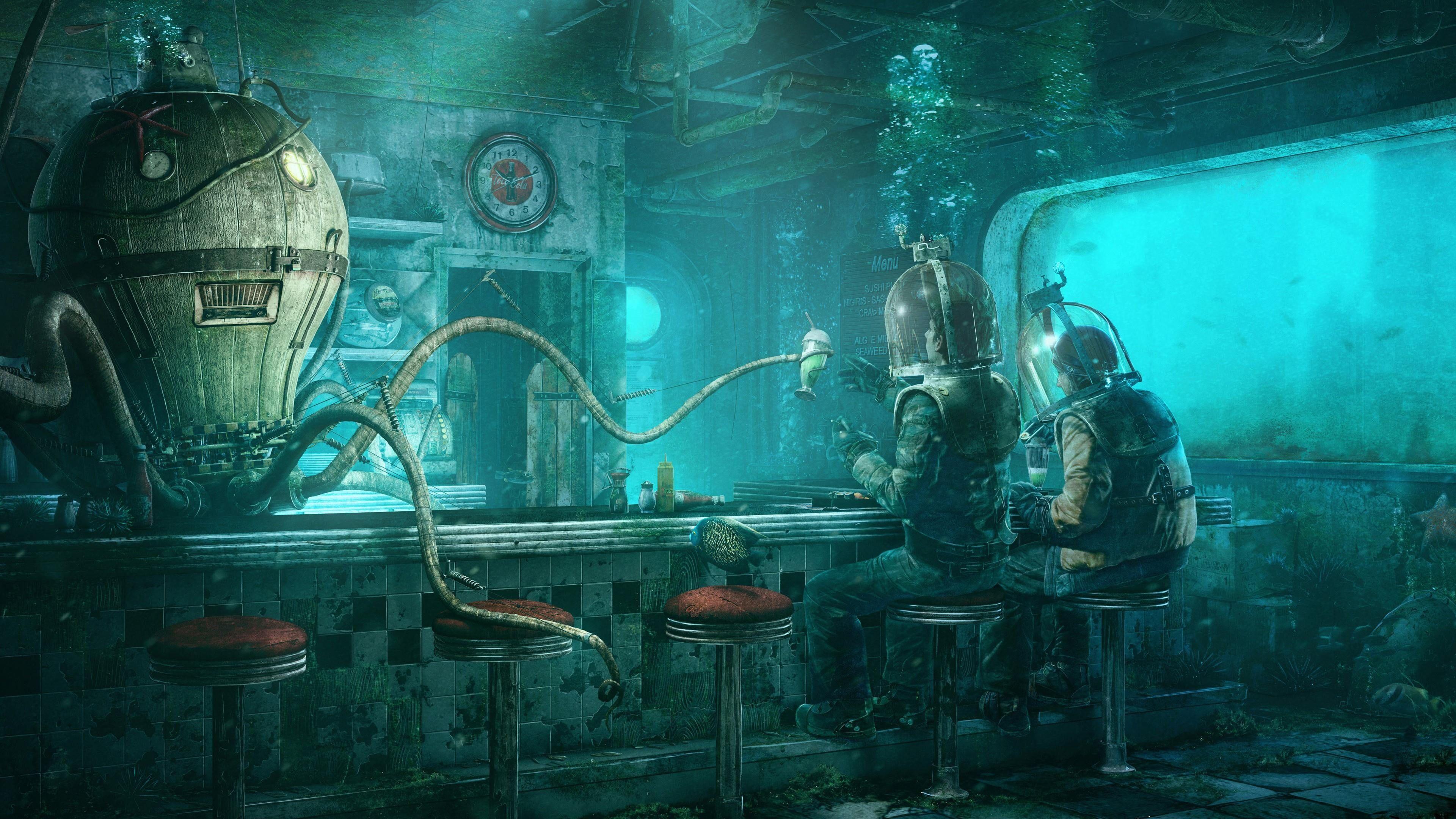 3840x2160 underwater fantasy art concept art deep sea #bar #waiter #robot #sea digital art #art #artwork #guest #guests deep divin. Fantasy art, Underwater, Underwater art