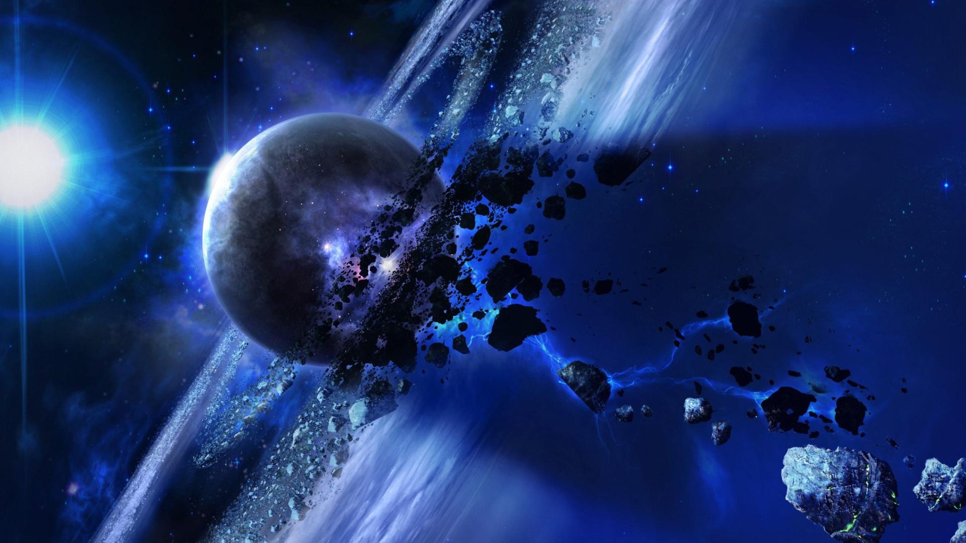 1920x1080 The flight of meteorites around the planet Saturn in space Desktop wallpaper 1920x1080