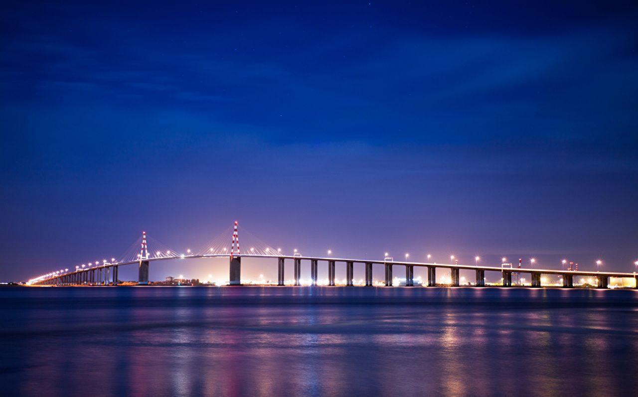 1280x797 Wallpaper France Bretagne Bridges Sky Night Street lights Cities