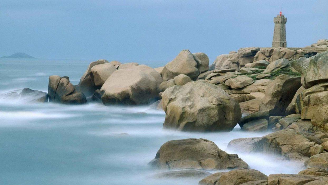 1244x700 France rocks lighthouses Motion Bretagne sea wallpaperx1080