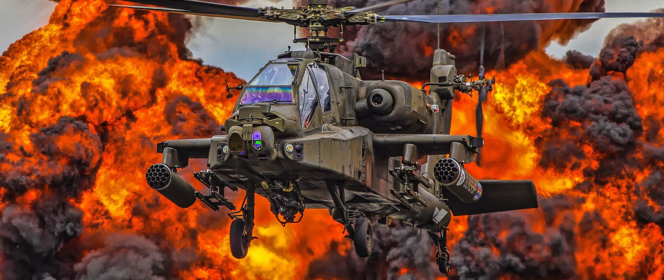 2560x1080 Boeing AH 64 Apache Military Helicopter Fire Smoke 4K Wallpaper