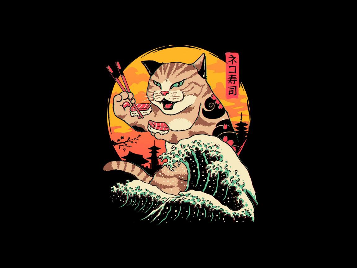 1152x864 Download wallpaper Minimalism, Japan, Cat, Wave, Style, Sushi, Background, Japan, Art, Art, Food, Style, Cat, Background, Illustration, Minimalism, section minimalism in resolution 1152x864