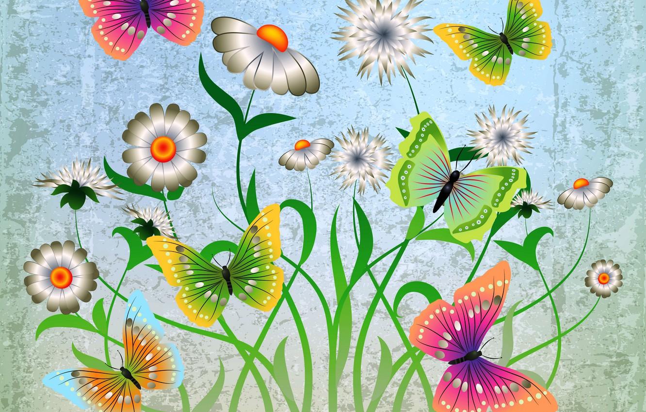 1332x850 Wallpaper butterfly, flowers, abstract, design, flowers, grunge, butterflies image for desktop, section абстракции