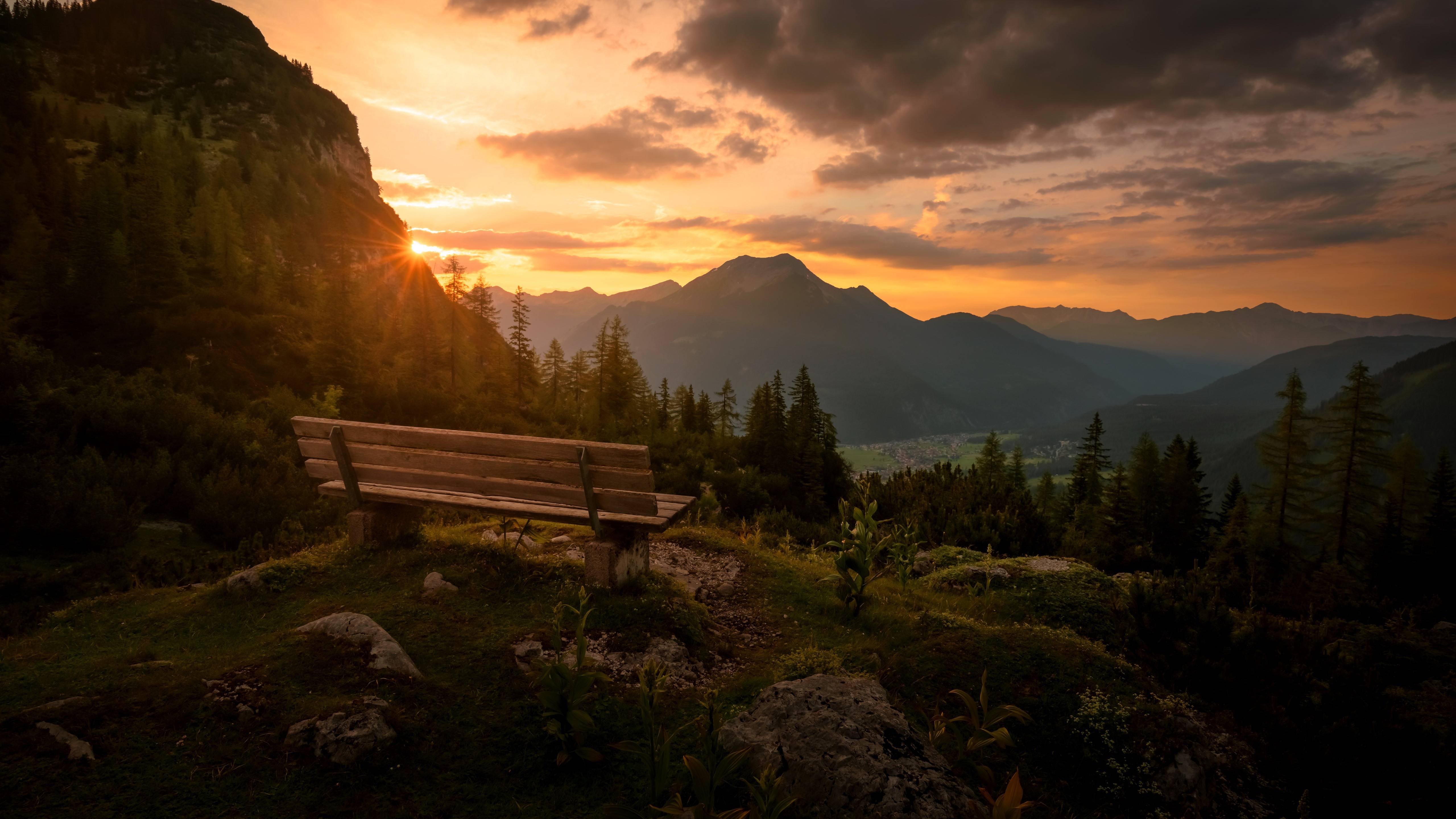 5120x2880 Wallpaper Austria, Tyrol, Reutte District, mountains, sunset, bench 5120x2880 UHD 5K Picture, Image