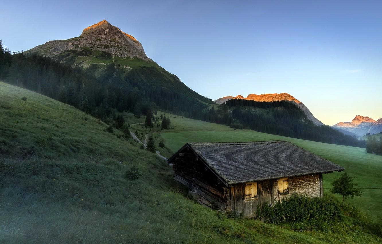 1332x850 Wallpaper mountains, nature, house, Austria, Sunrise at Tirol image for desktop, section пейзажи