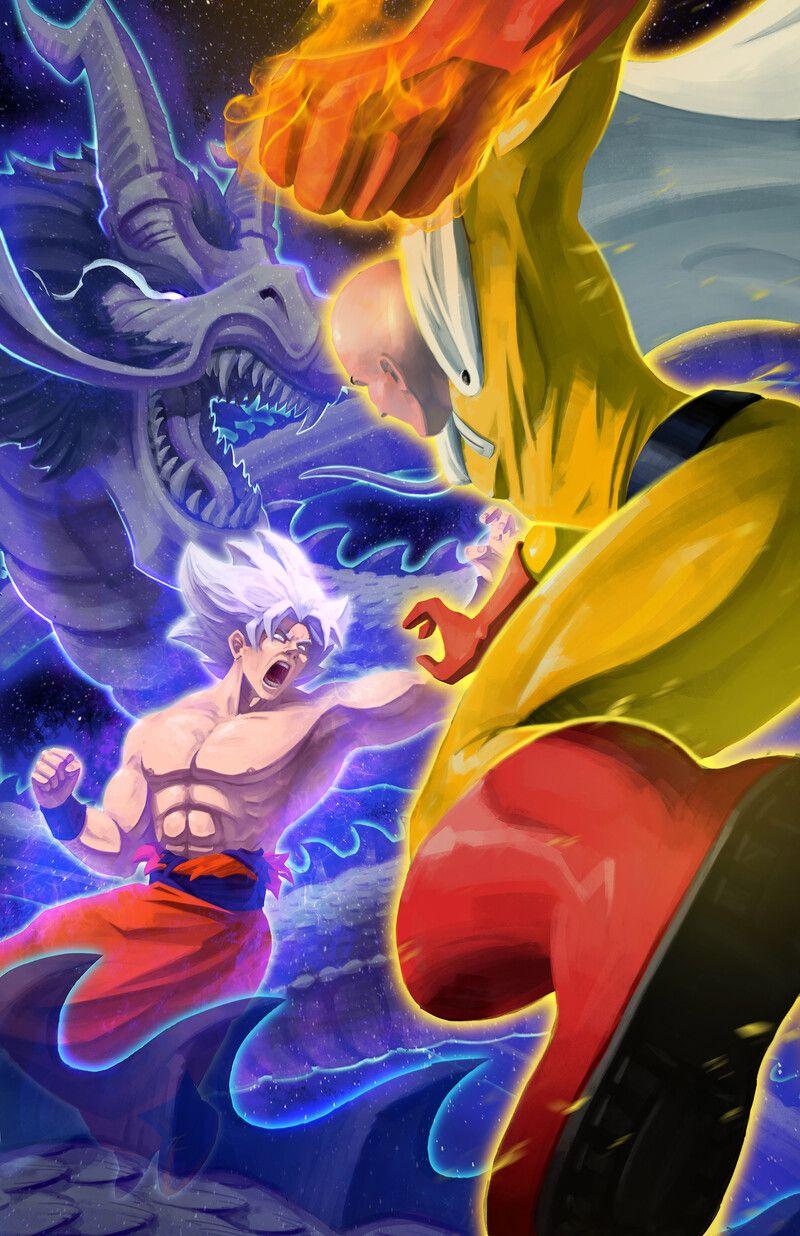800x1236 MUI Goku vs Saitama, Taylor Germain. Anime, Heróis marvel, Desenhos