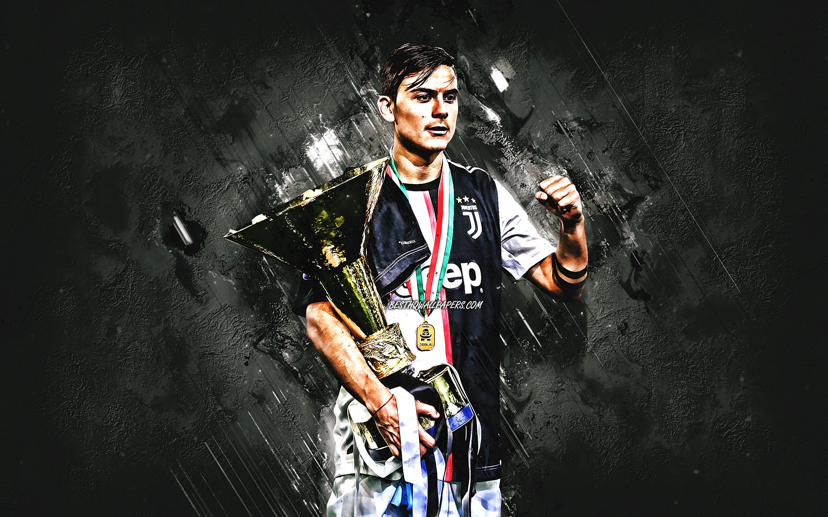 2880x1800 Download wallpaper Paulo Dybala, Juventus FC, Argentinean footballer, Dybala with a Gold Cup, Italy, football, gray creative background for desktop with resolution 2880x1800. High Quality HD picture wallpaper