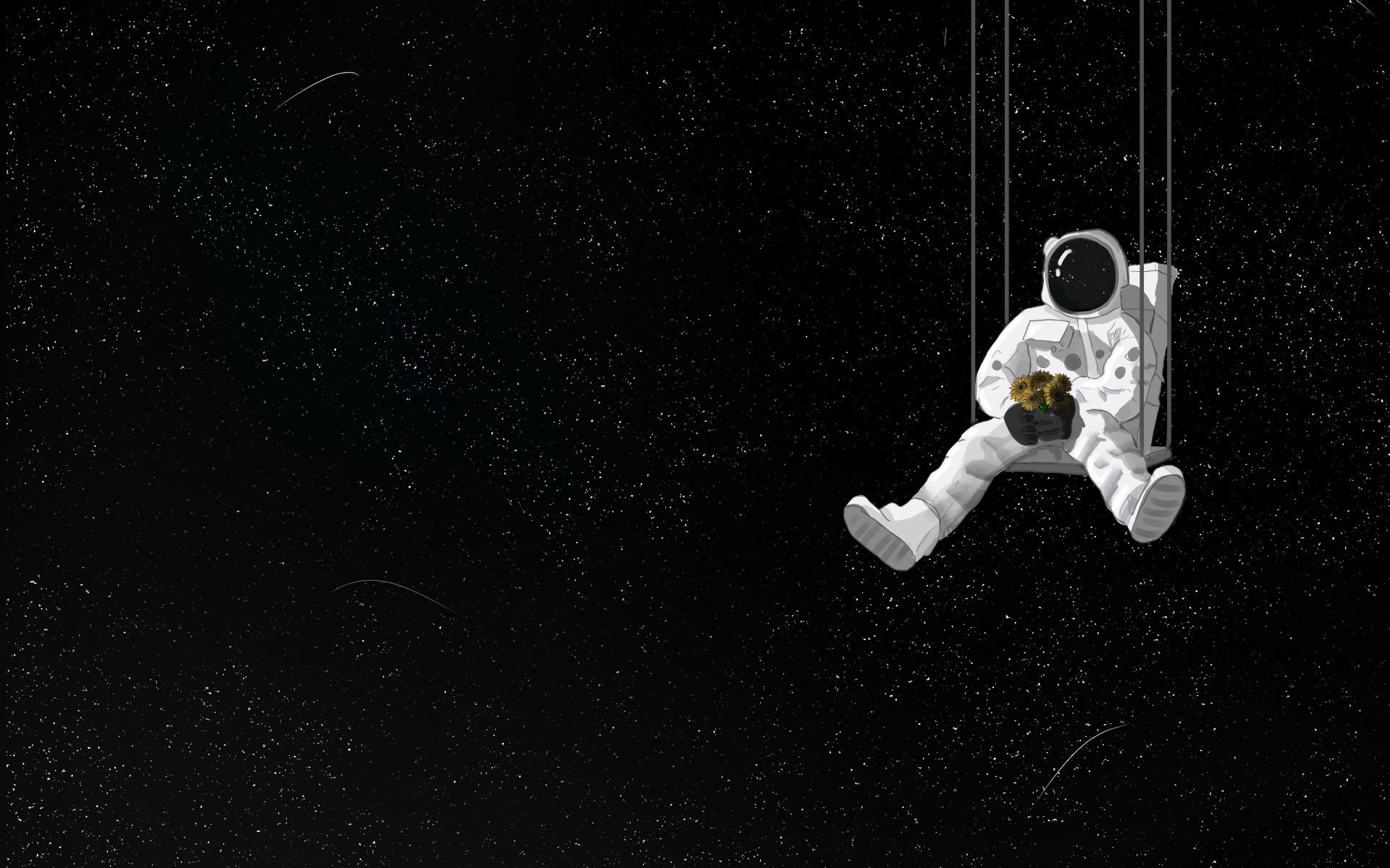 1920x1200 Download wallpaper space, swing, bouquet, astronaut, art, section minimalism in resolution 1920x1200