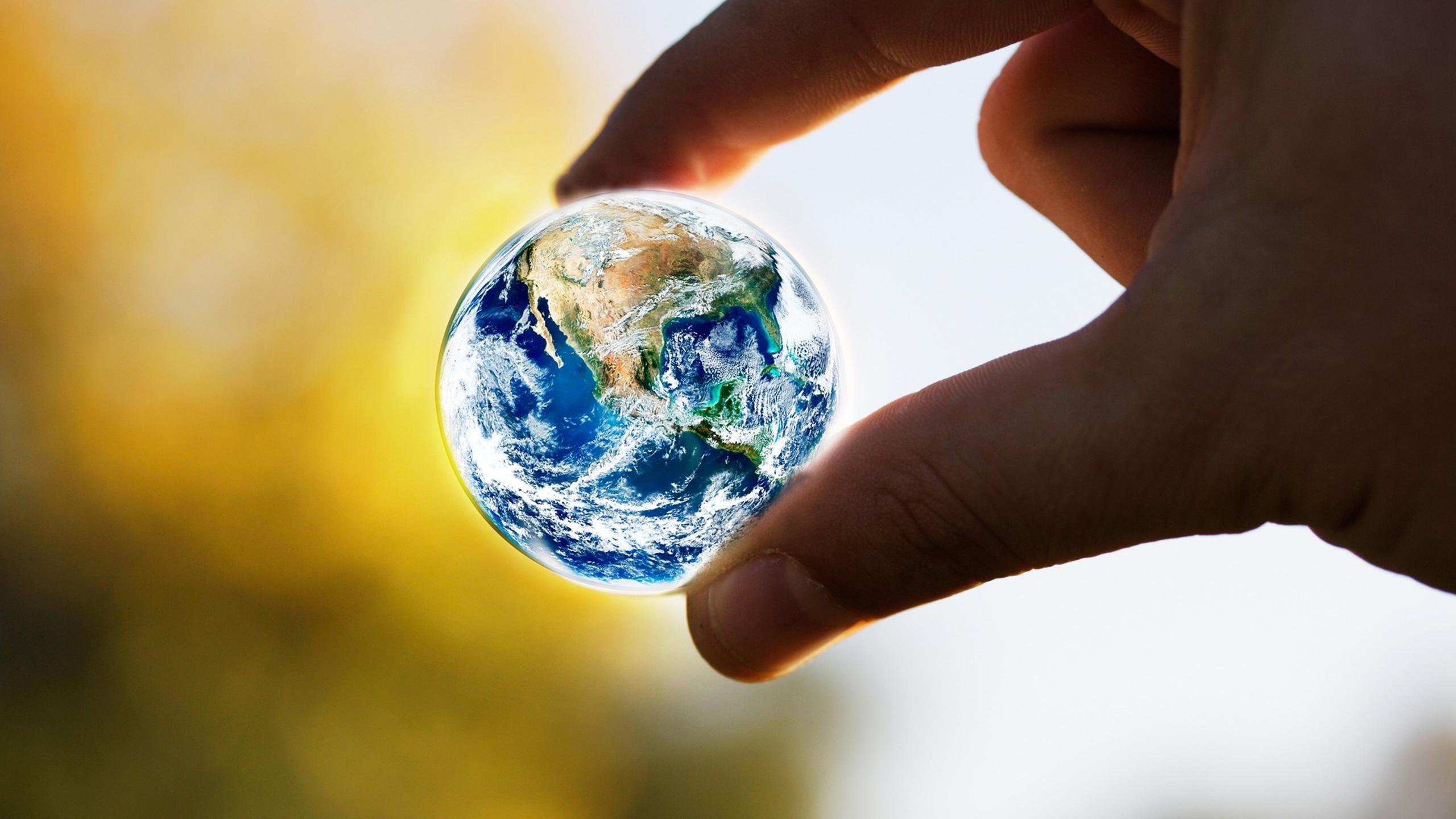 2560x1440 A small earth globe world in our hands
