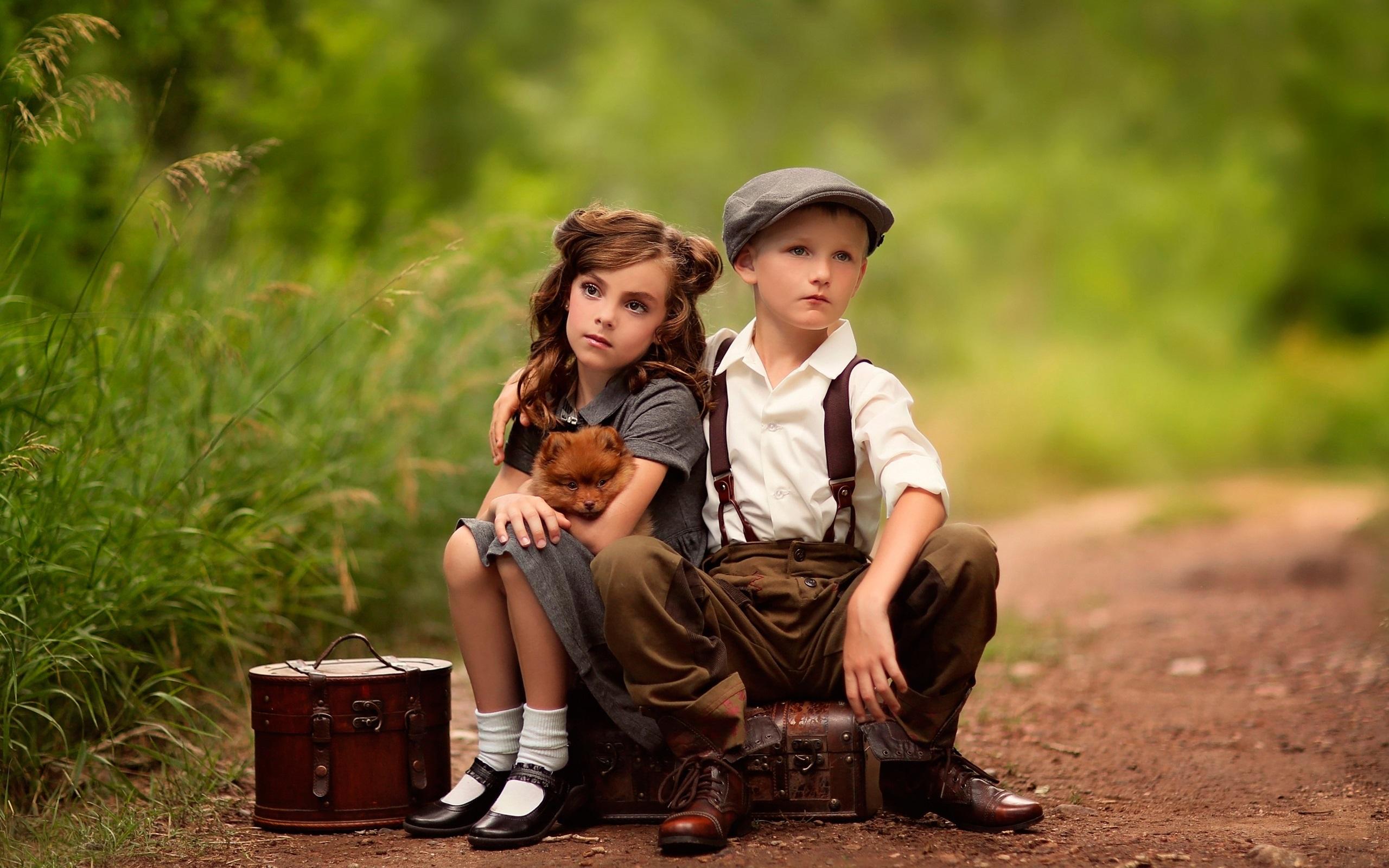 2560x1600 Wallpaper Cute child, girl, boy, dog, suitcases, waiting 2560x1600 HD Picture, Image