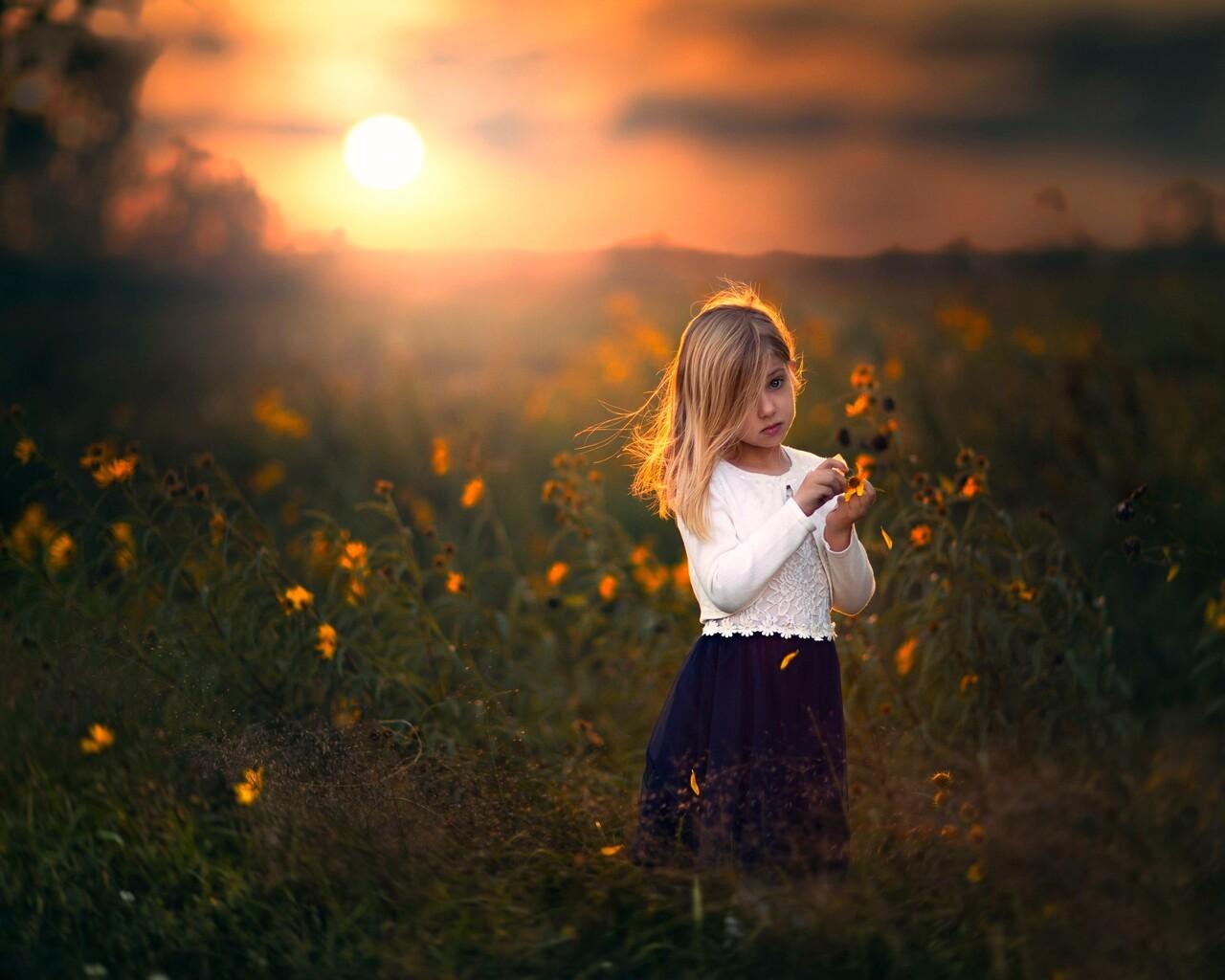 1280x1024 Cute Child Girl With Flowers Outdoors 1280x1024 Resolution HD 4k Wallpaper, Image, Background, Photo and Picture