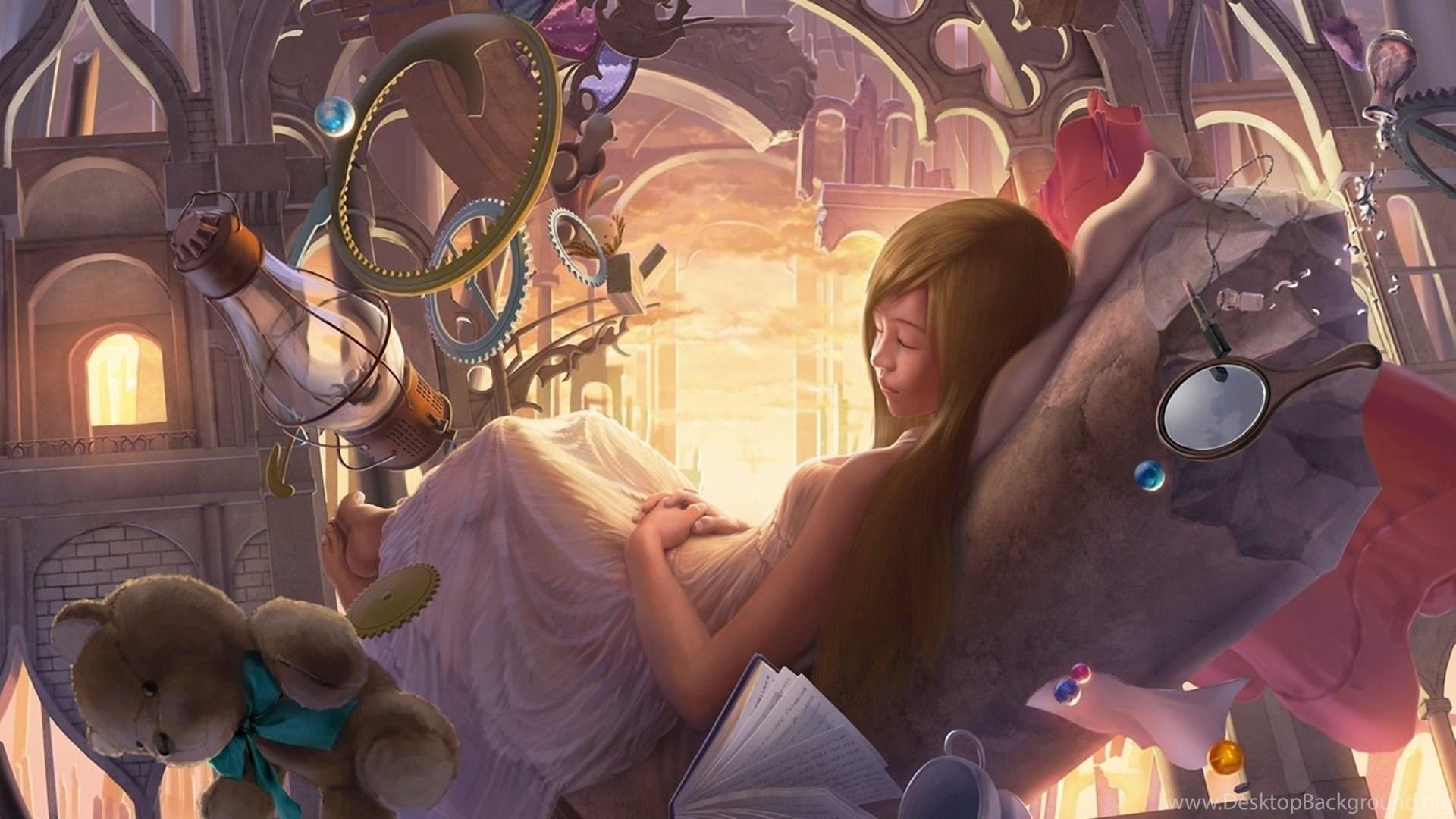 1920x1080 Download Wallpaper 1920x1080 Art, Girl, Surreal, Dream, Toy, Bear. Desktop Background