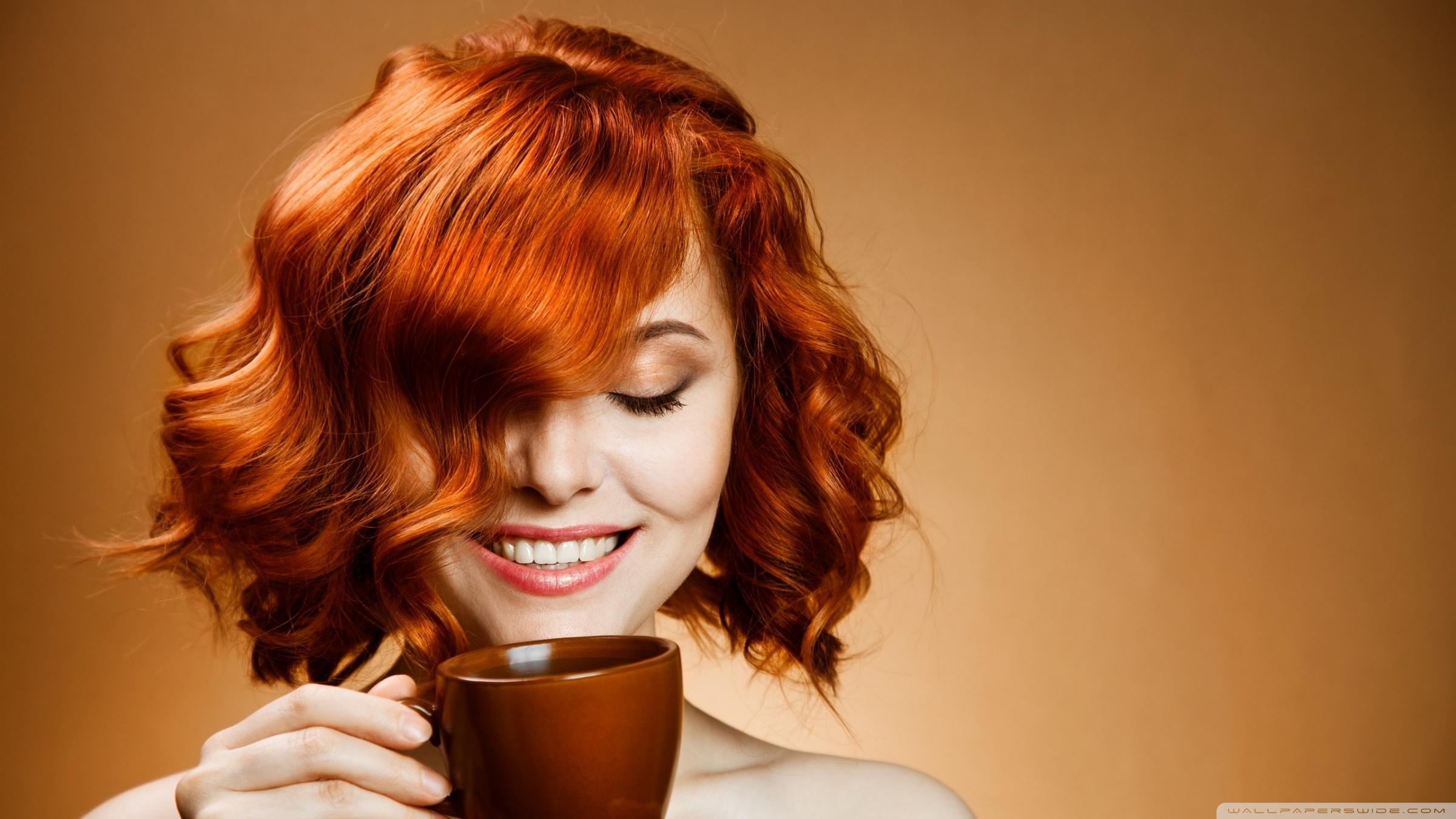 2400x1350 Red Haired Woman Drinking Coffee Ultra HD Desktop Background Wallpaper for 4K UHD TV : Tablet