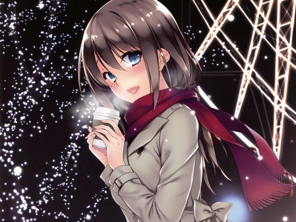 1024x768 Desktop wallpaper drink, coffee, anime girl, winter, HD image, picture, background, 0a5b2b