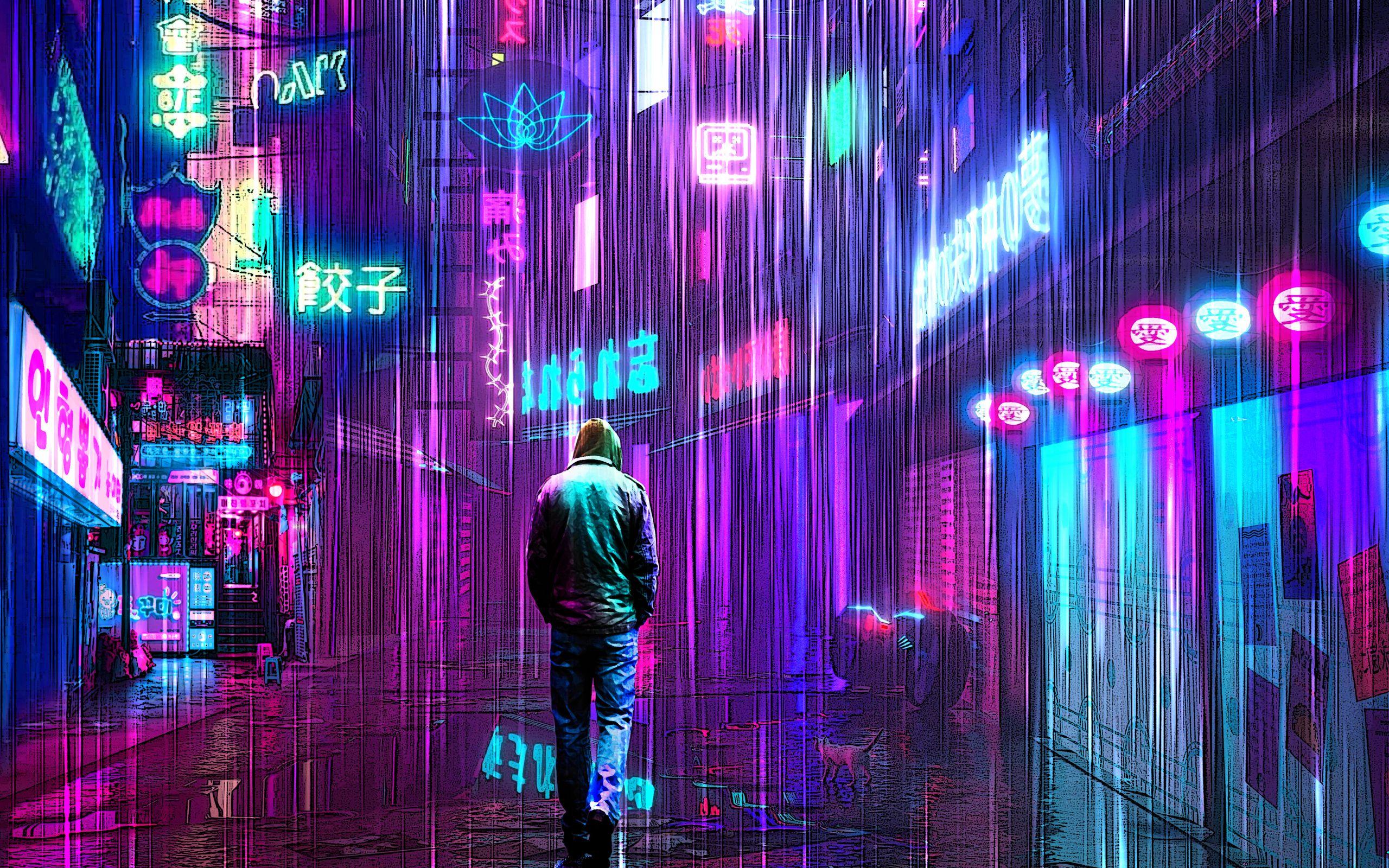 2560x1600 Hooded Kitty Neon Cyberpunk 4k Wallpaper