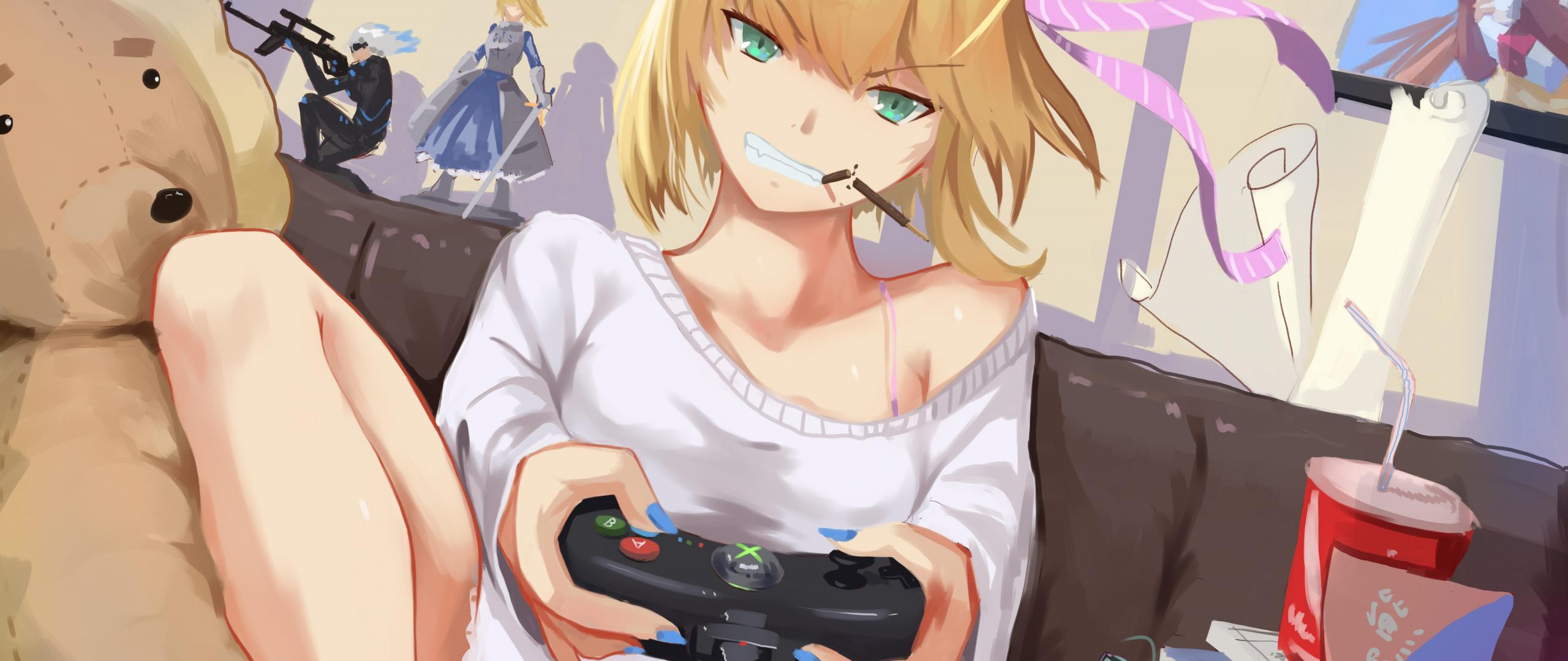 2560x1080 Desktop Wallpaper Saber Lily Playing Game, Blonde Anime Girl, HD Image, Picture, Background, Z88s N