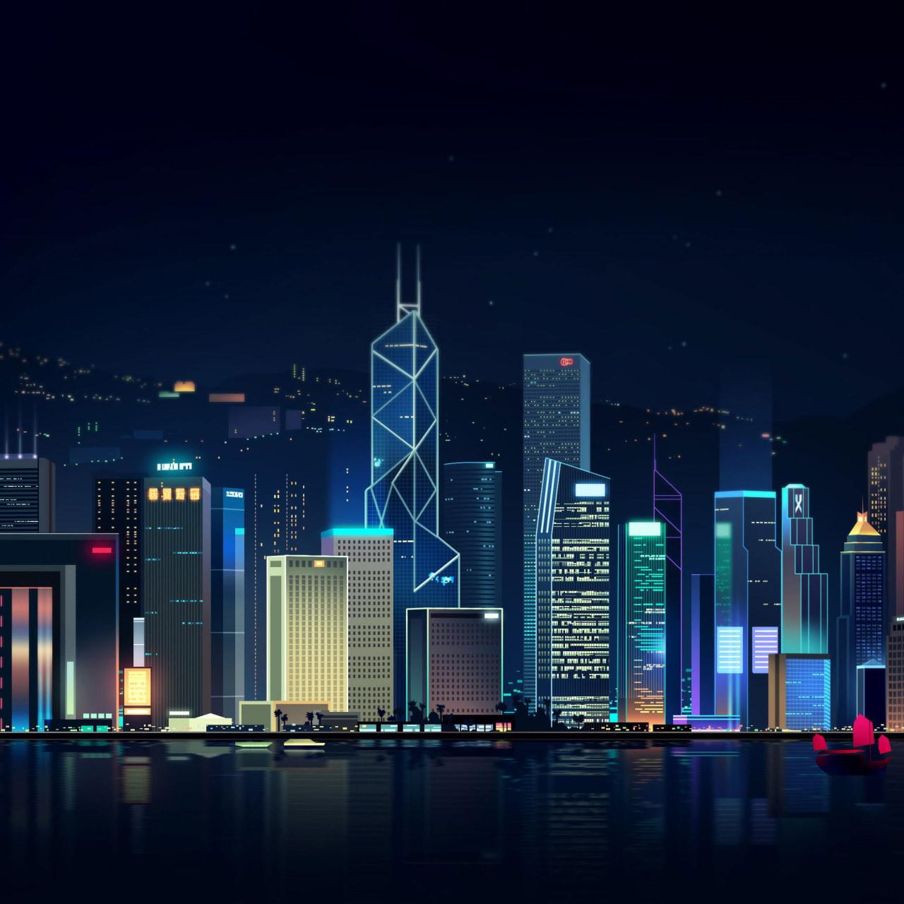 1280x1280 Reflection wallpaper, Sea, Hong Kong, Night, Vector, The city, Neon, Ship • Wallpaper For You HD Wallpaper For Desktop & Mobile