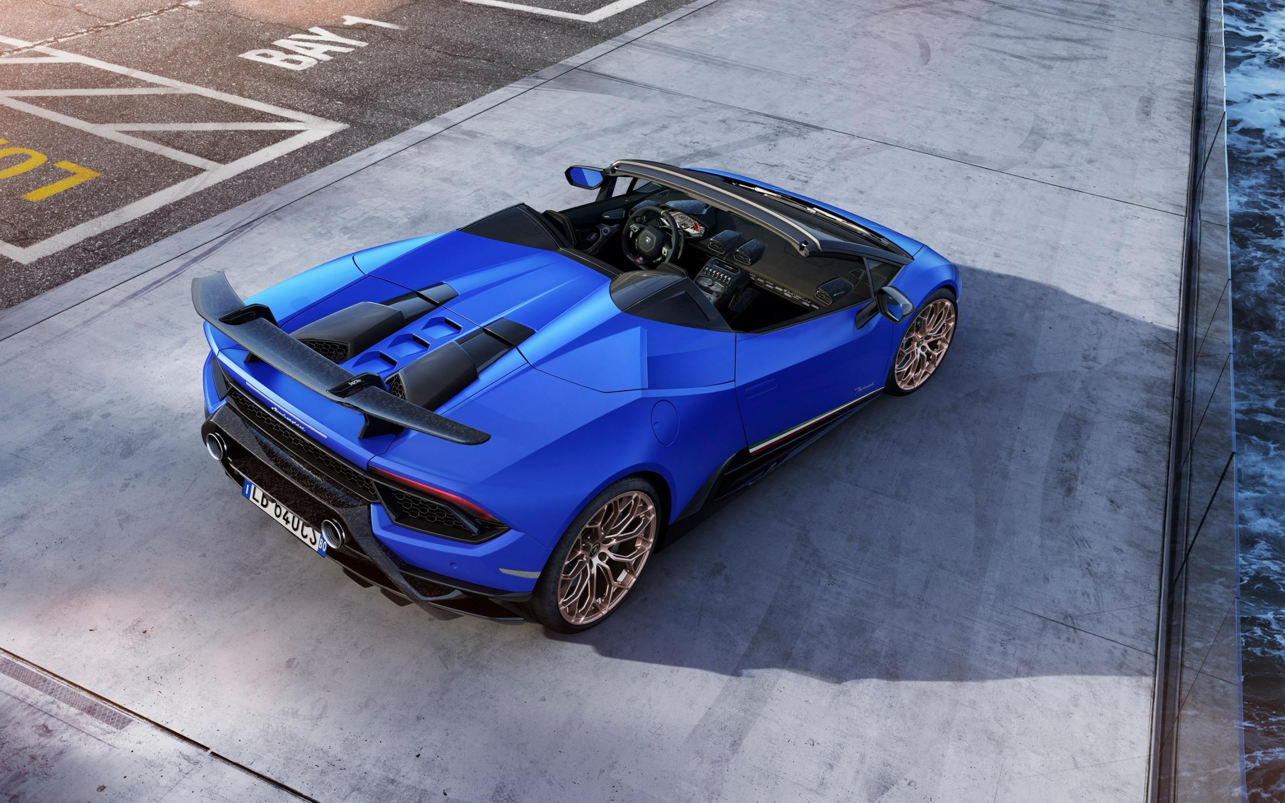 2560x1600 Download wallpaper Lamborghini Huracan, Spyder, top view, exterior, rear view, blue cabriolet, sports coupe, blue Huracan, Italian sports cars, Lamborghini for desktop with resolution 2560x1600. High Quality HD picture wallpaper