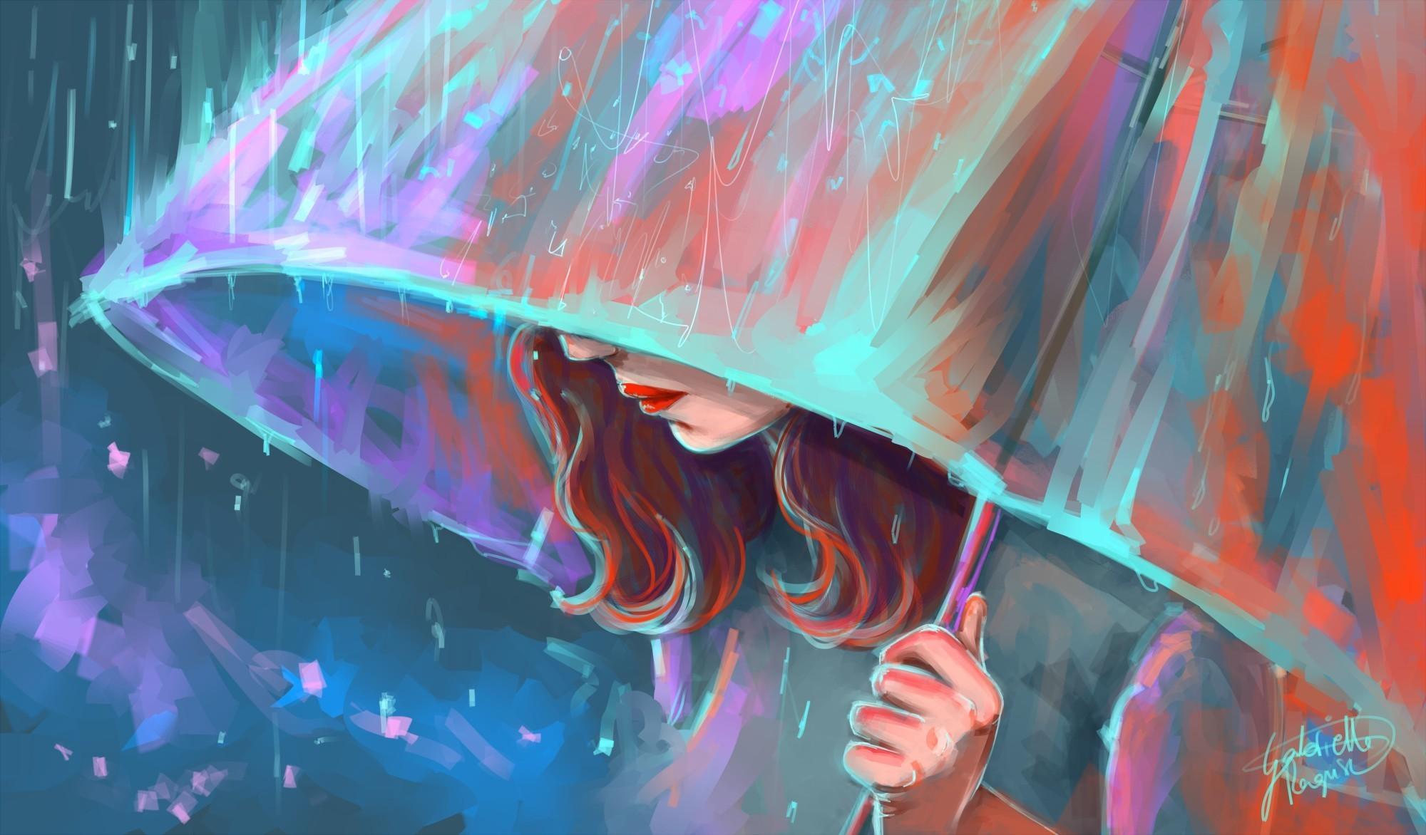 2000x1172 Free download Image young woman Rain parasol Painting Art [2000x1172] for your Desktop, Mobile & Tablet. Explore Rain Girls Wallpaper. Rain Girls Wallpaper, Rain Wallpaper, Rain Wallpaper