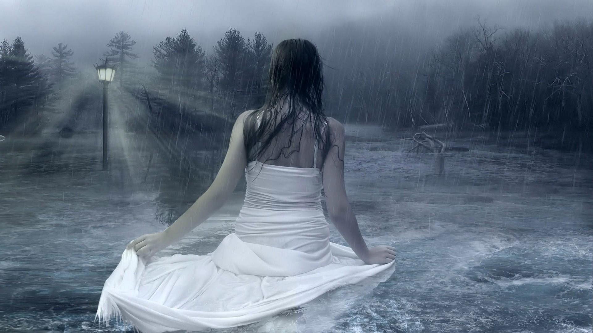 1920x1080 Girl In The Rain Dark Deep Female Flood Girl Light Rain Water White Dress Woman