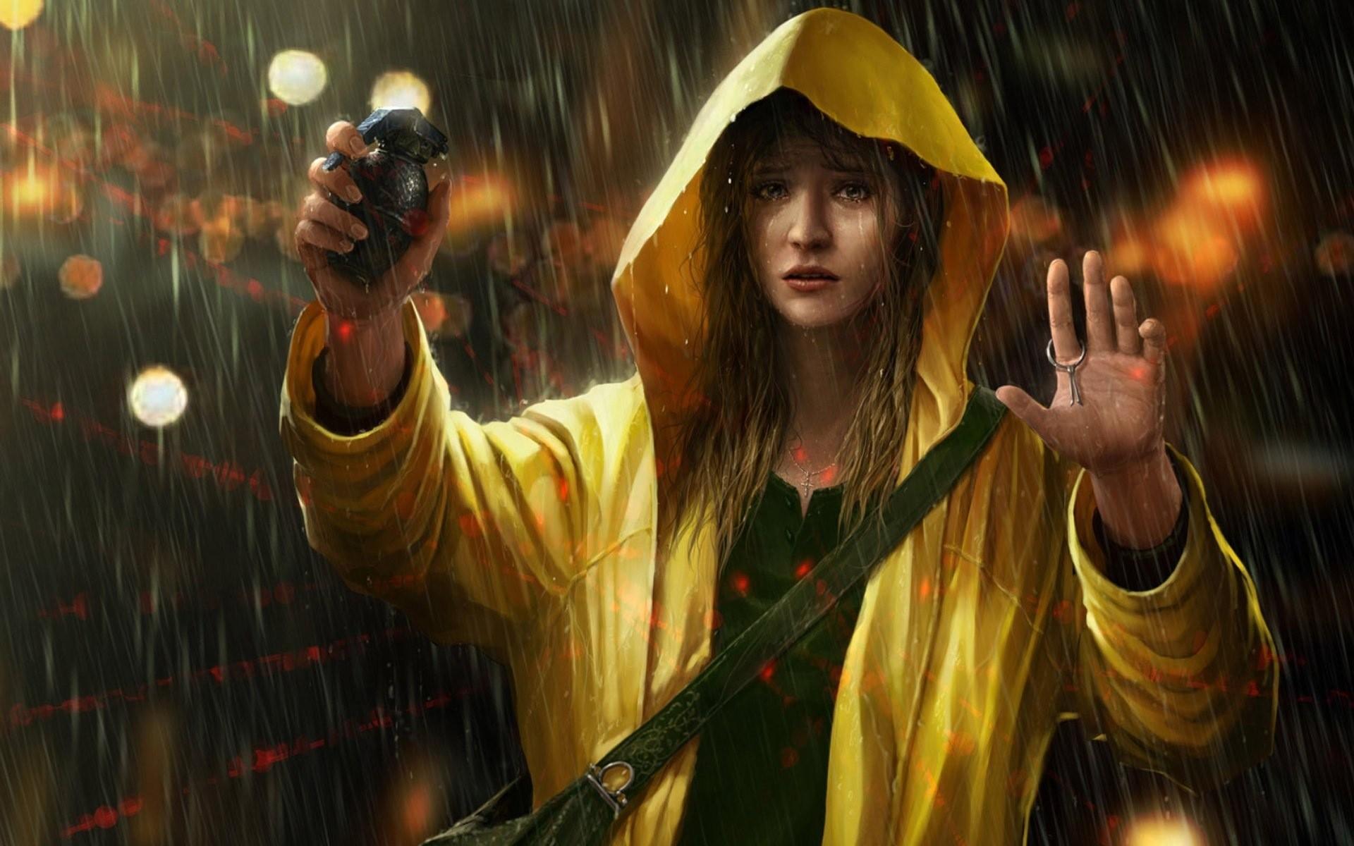 1920x1200 #rain, #grenades, #sad, #arms up, #artwork, #crying, #girl in rain, #OmeN #holding a grenade, #yellow raincoat, #hoods, #women, wallpaper HD Wallpaper