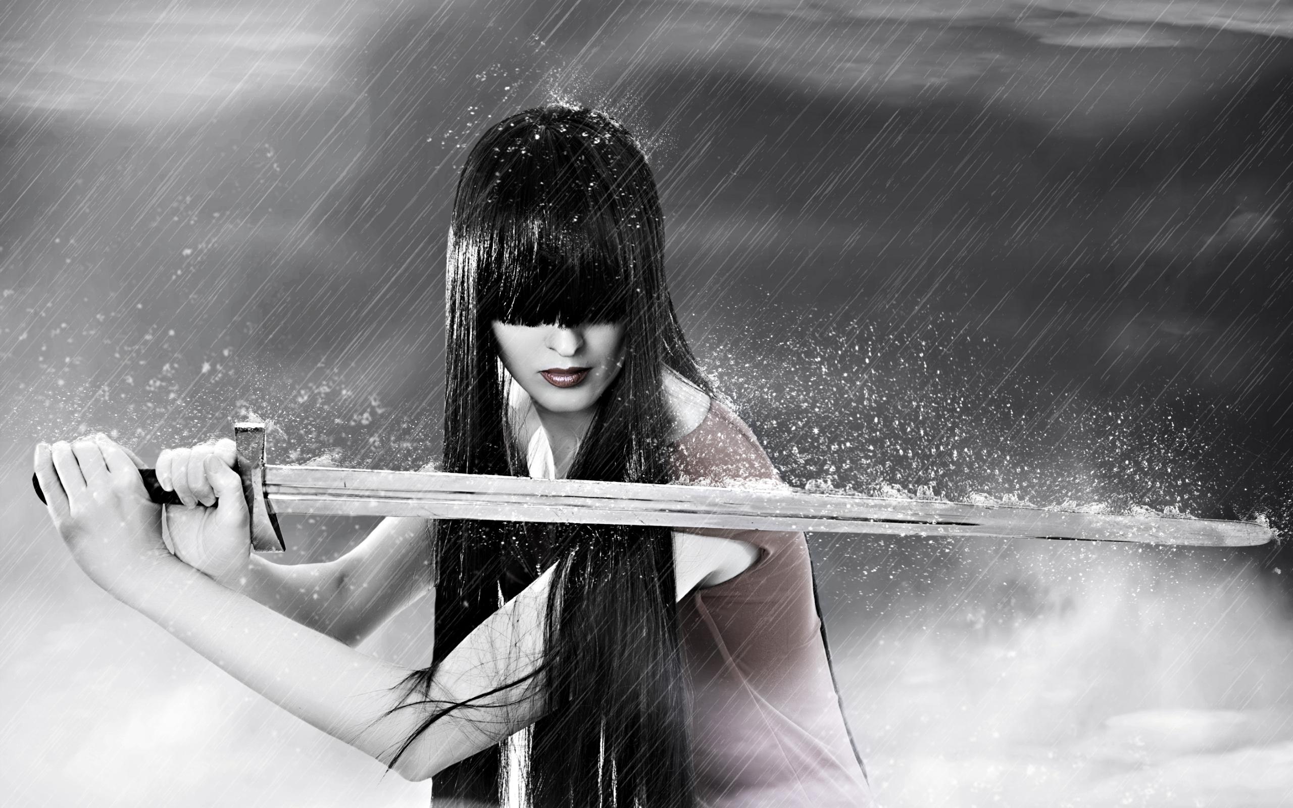 2560x1600 Sword warrior girl in rain