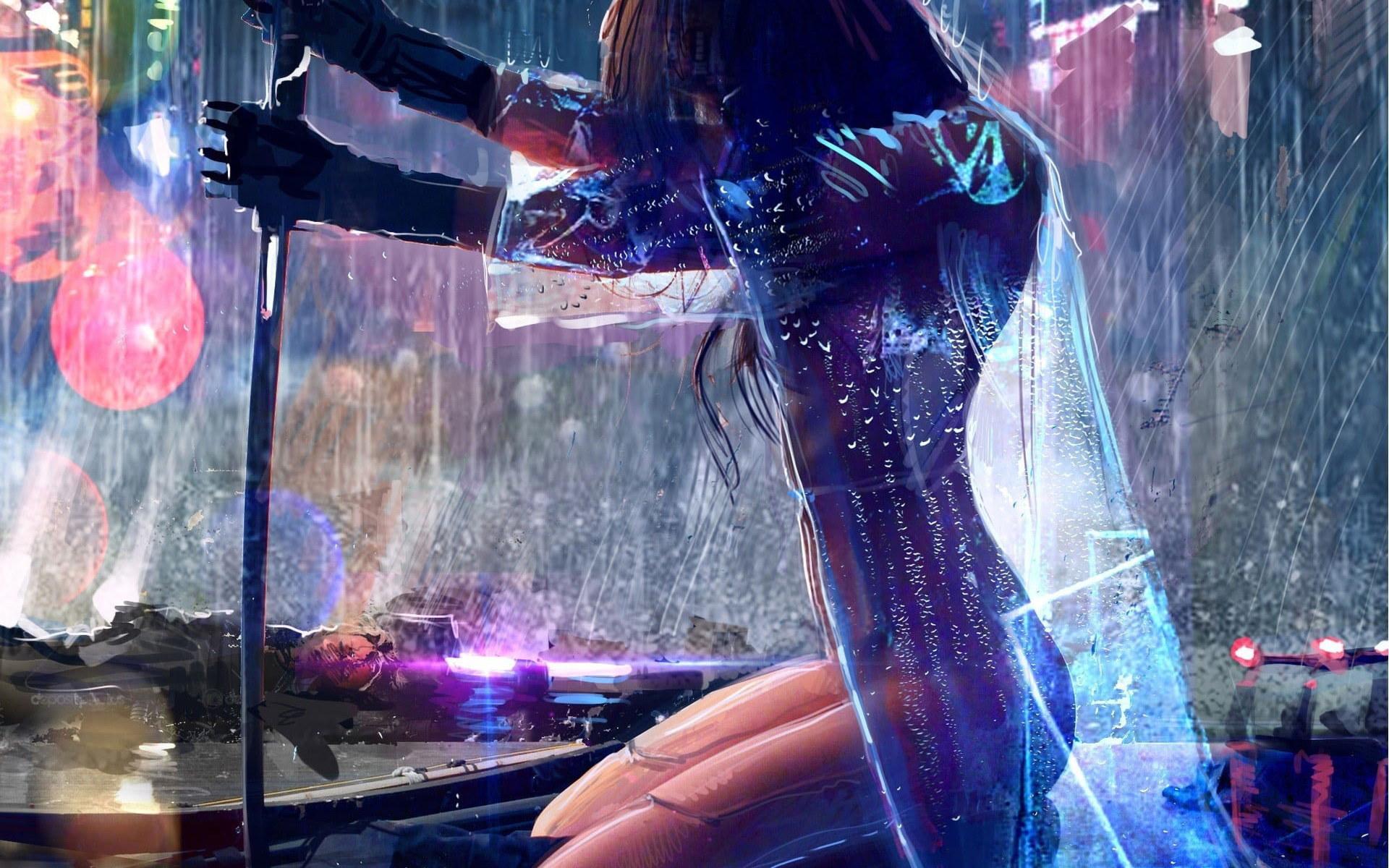 1920x1200 Woman with sword wallpaper, women, artwork, warrior, rain, cyberpunk • Wallpaper For You HD Wallpaper For Desktop & Mobile