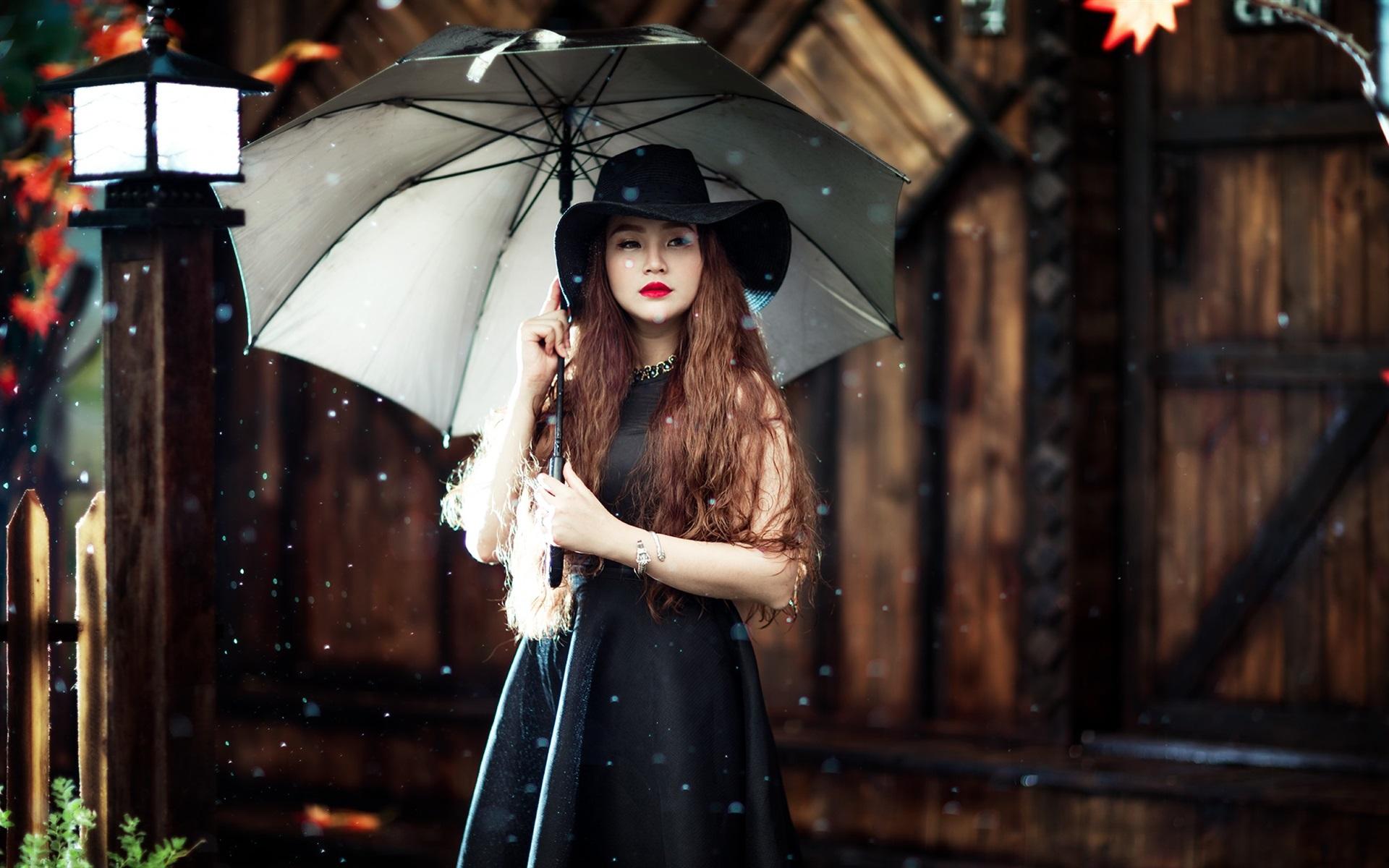 1920x1200 Wallpaper Asian Girl, Umbrella, Rain Umbrella Woman In Black Dress