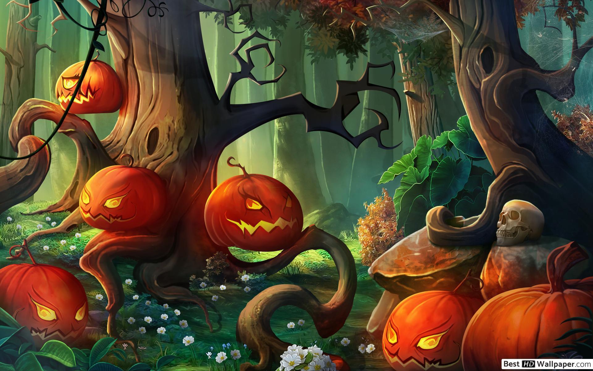 1920x1200 Scary pumpkins in the forest HD wallpaper download