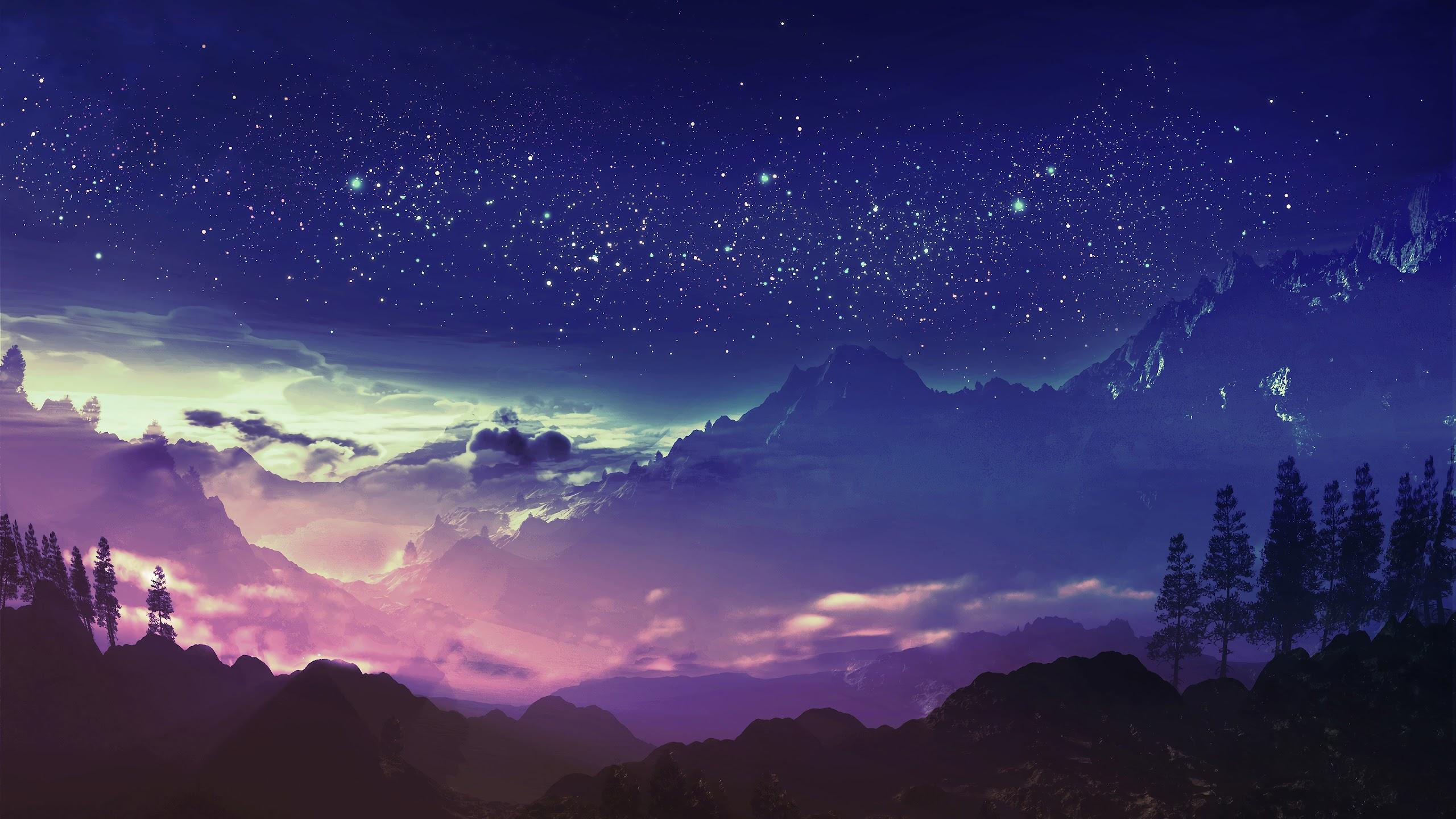 2560x1440 Mountain Night Scenery Stars Landscape Anime 4K Wallpaper