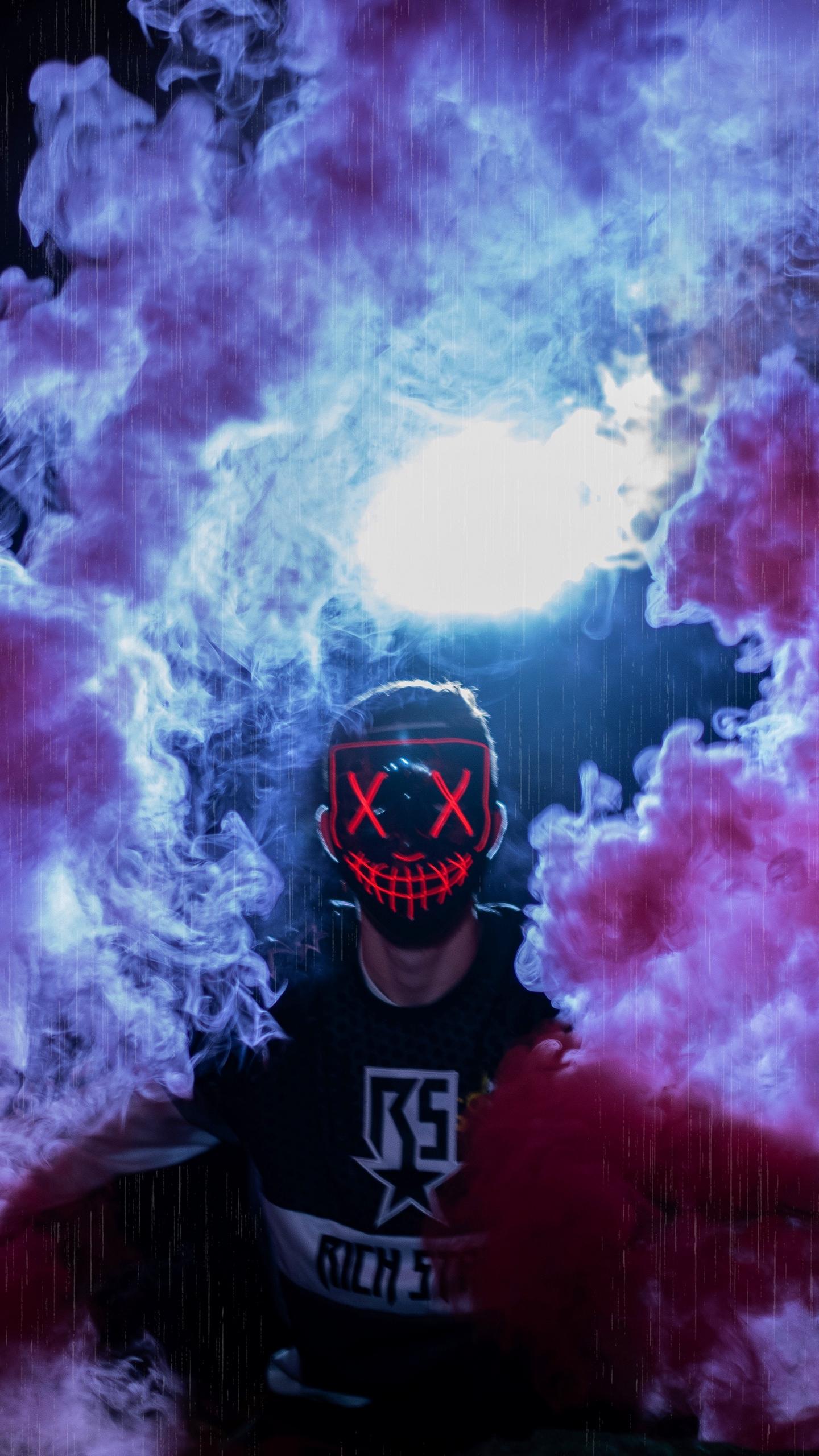 1440x2560 Wallpaper Man, Mask, Colored Smoke, Anonymous
