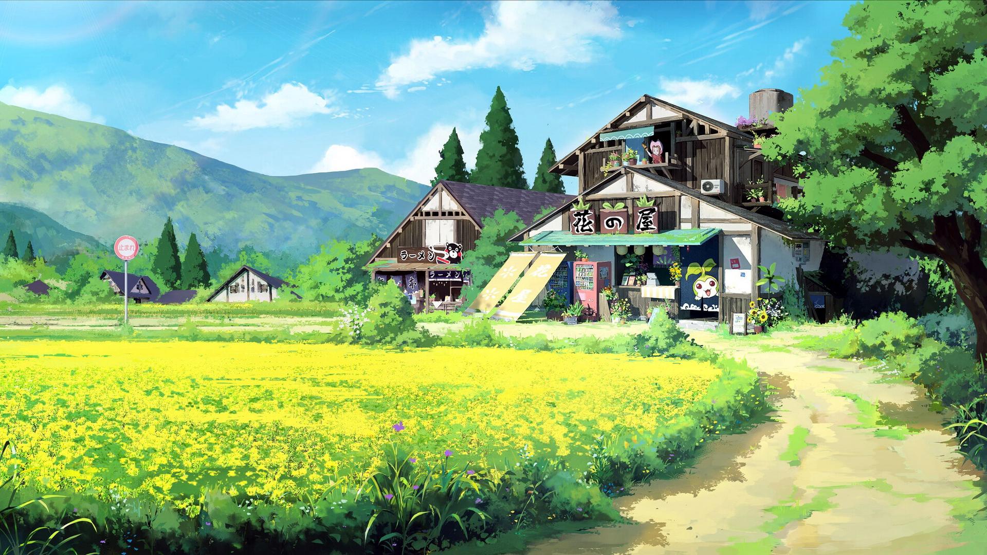 1920x1080 Field Scenic Shop Nature Farm HD Anime Wallpaper
