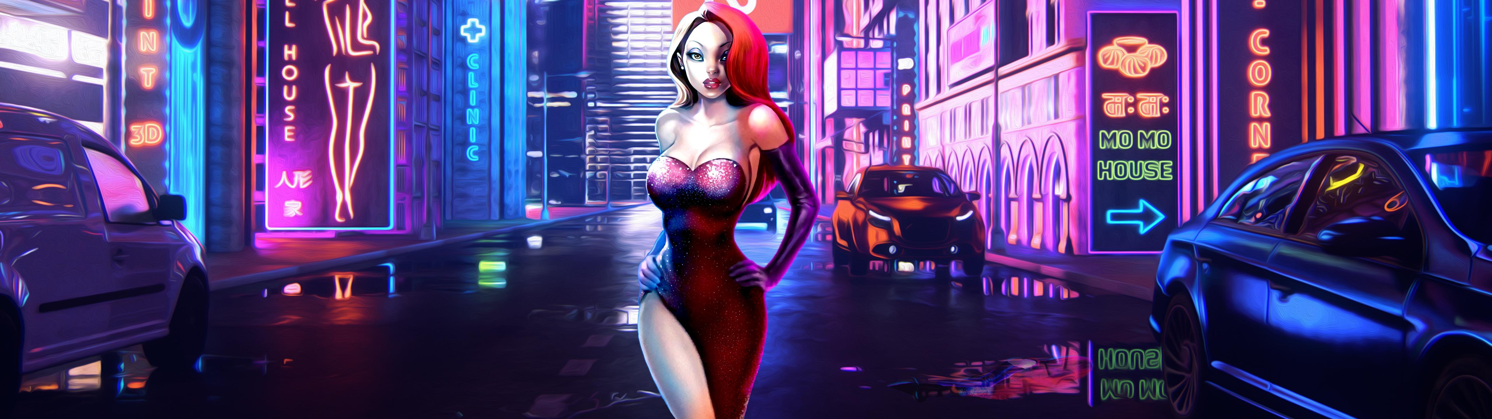 5120x1440 Neon City Jessica Rabbit 4K wallpaper